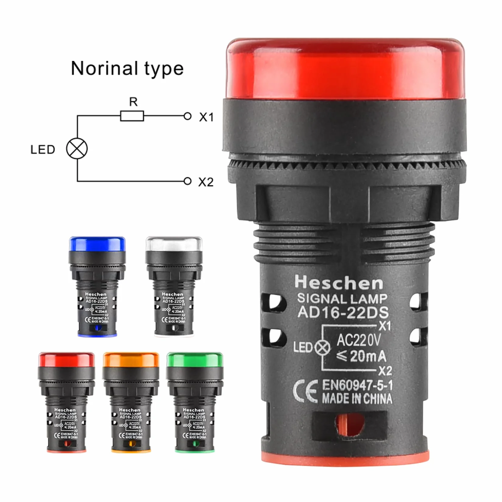 Heschen Wskaźnik LED 22 mm AD16-22D/S 220VAC 20mA czerwony zielony żółty niebieski biały kolor światła 5-pak