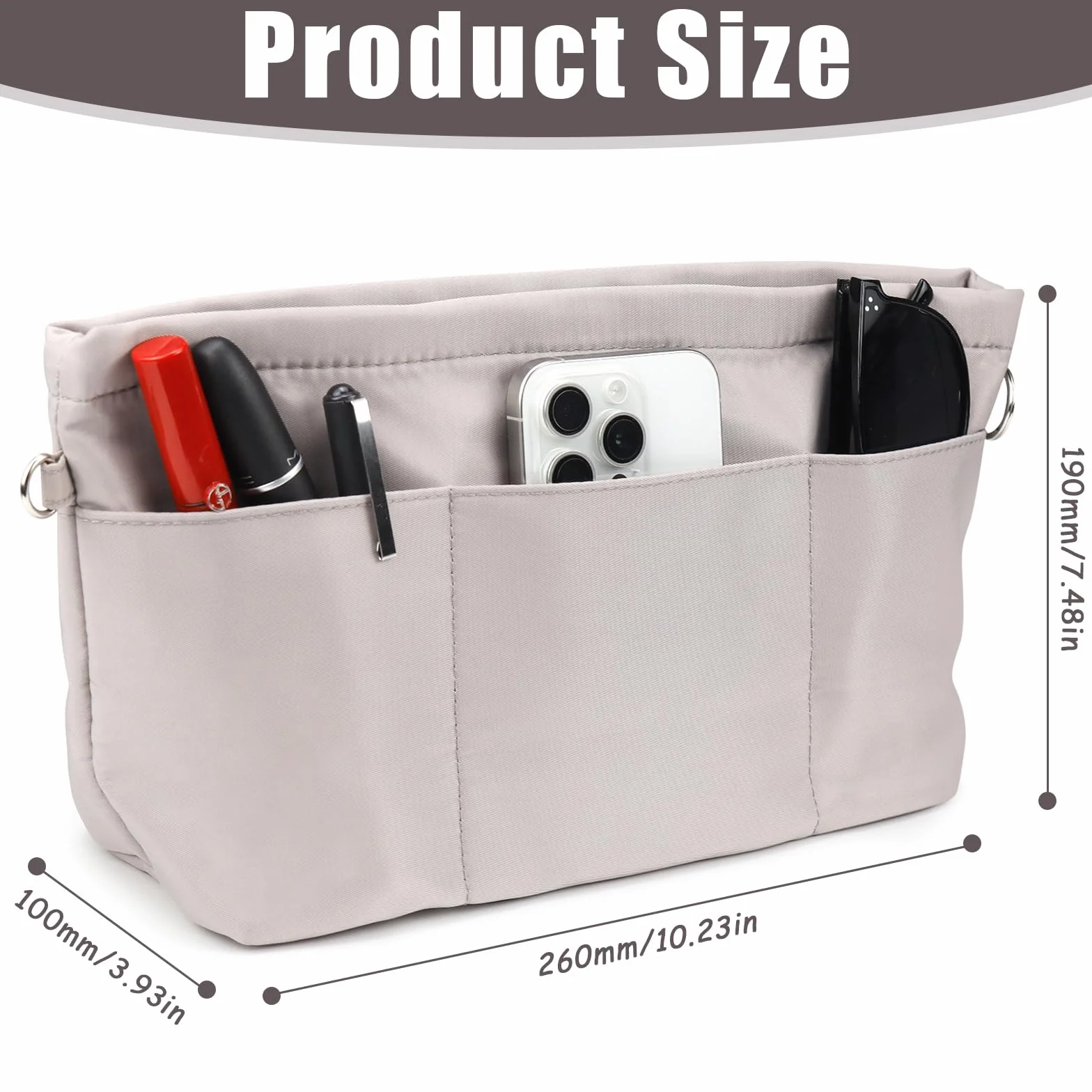BINYI Organizer do torebki, kieszeń wewnętrzna do torebki, organizer z nylonu, kieszenie wewnętrzne, wodoszczelny, z pękiem kluczy i zamkiem błyskawicznym, damska torba na ramię typu Longchamp, torba