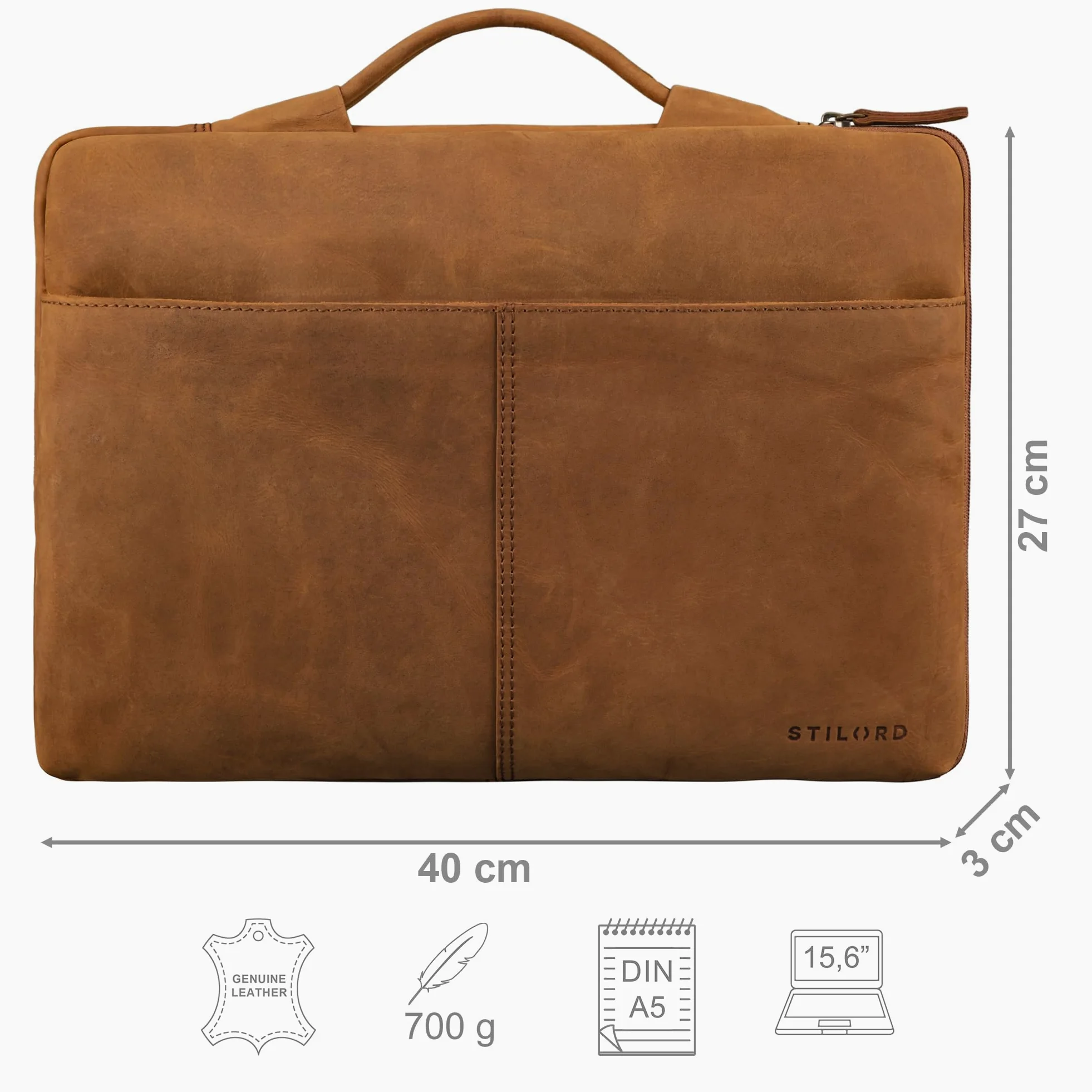 STILORD "Kit" 15,6 Cali Etui na Laptopa Skórzane Wąska Aktówka Męskie Etui na Dokumenty A4 do Pracy Biura Podróże Torebka Biznesowa z Prawdziwej Skóry Kolor:tan - ciemnobrązowy