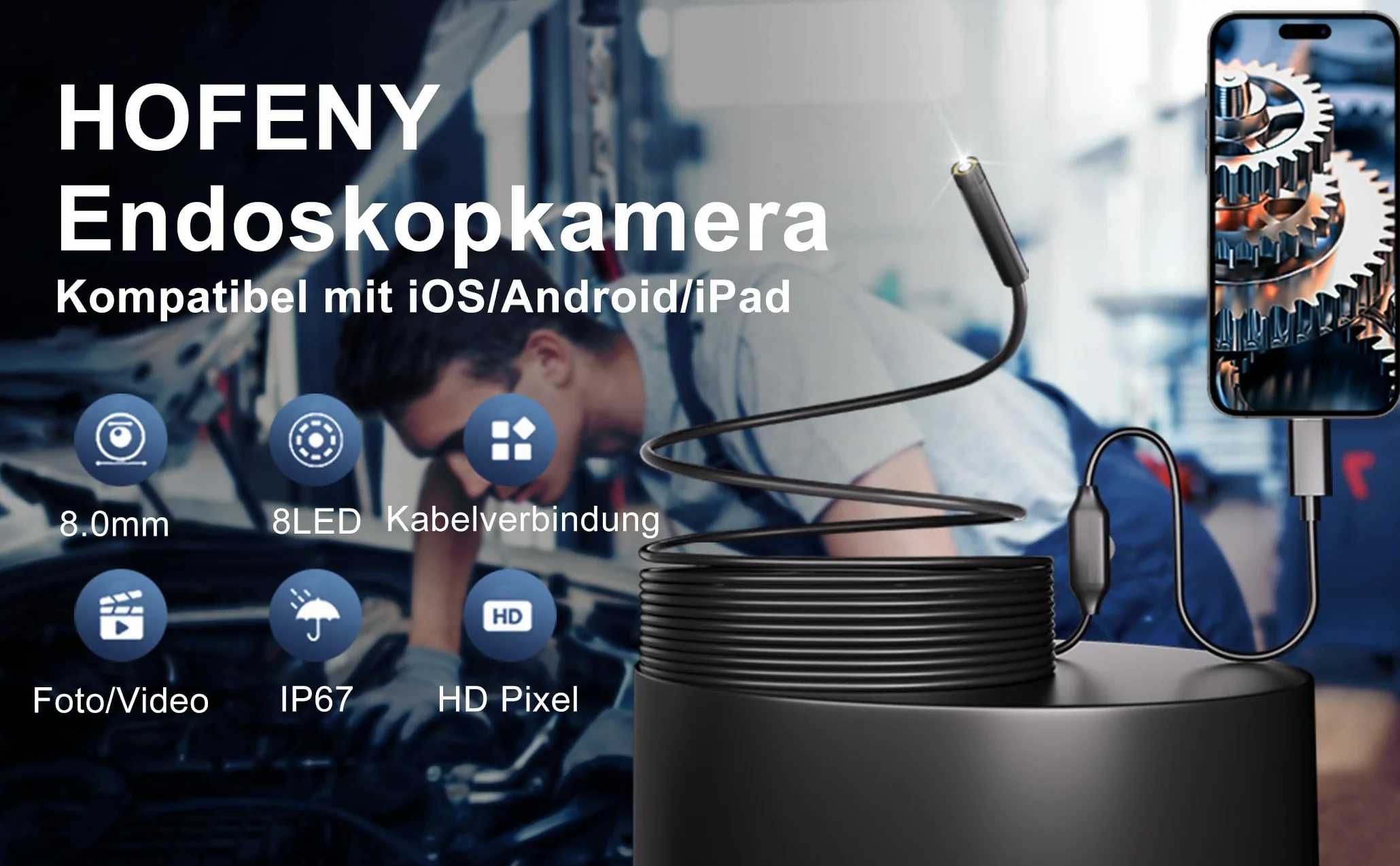 kamera endoskopowa z oświetleniem LED, Hofeny 1920p HD, kamera endoskopowa, telefon komórkowy, nie wymaga Wi-Fi, kamera inspekcyjna, kamera kanałowa, kamera endoskopowa boreskop, wodoszczelna