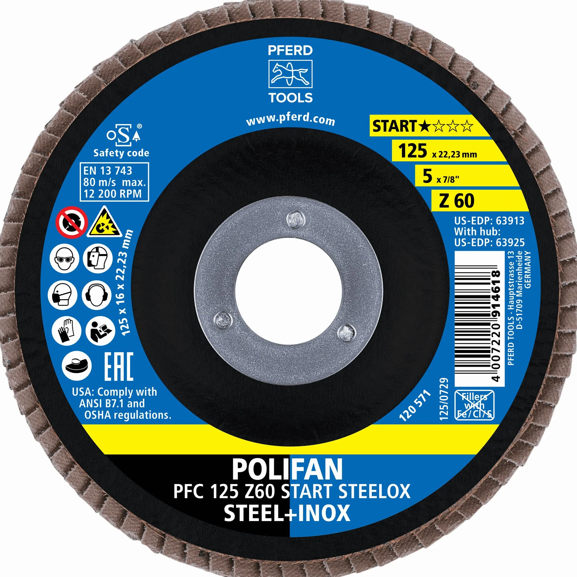 PFERD POLIFAN-Z-BOX – 10 x tarcza wachlarzowa 125 mm, Z60, otwór 22,23 mm, 69300935 – zapewnia wysoką wydajność obróbki i solidną trwałość stali i stali nierdzewnej (INOX)