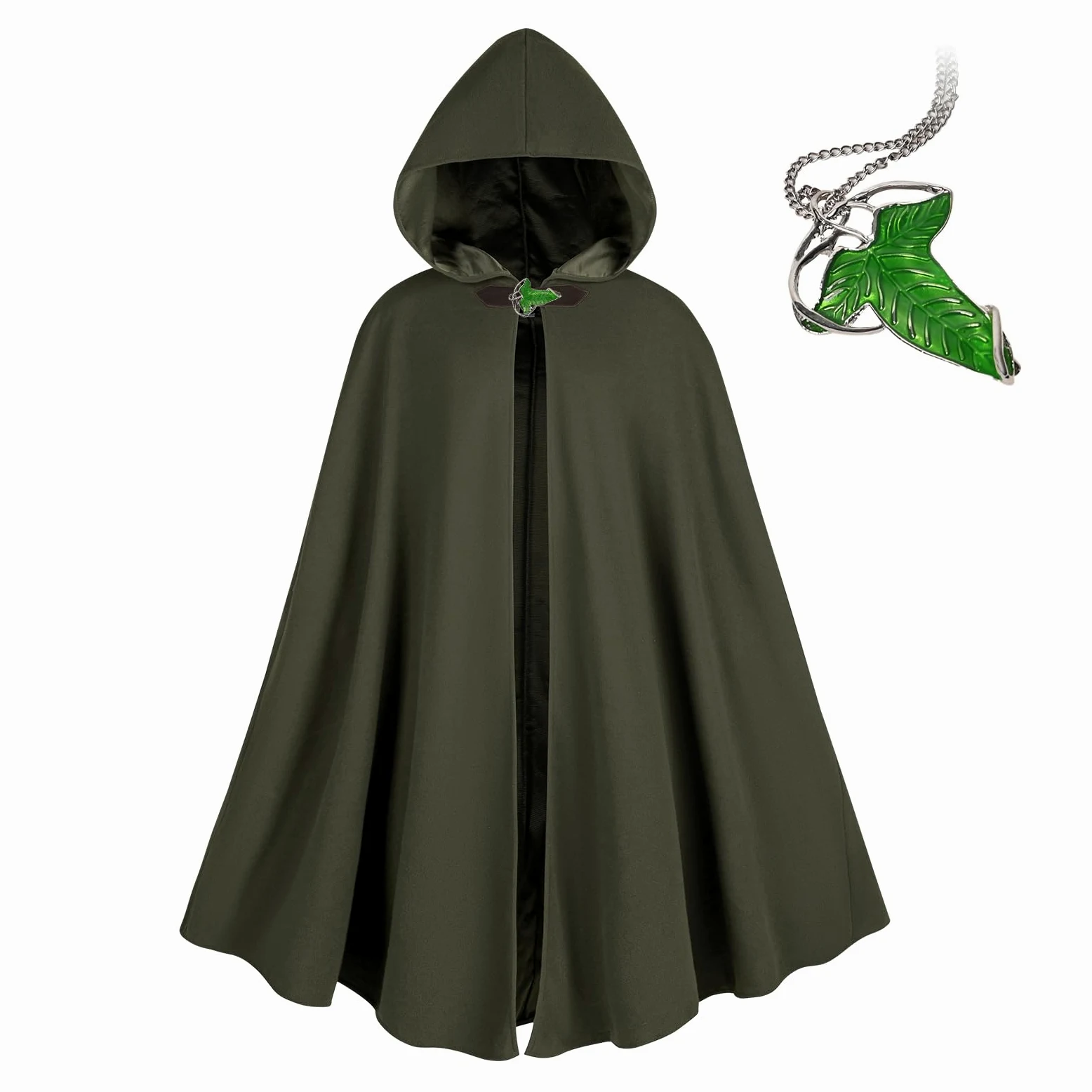 Renaissance peleryna z kapturem z zielonymi liśćmi, broszka, średniowieczna odzież, unisex, Halloween, średniowieczny płaszcz z kapturem