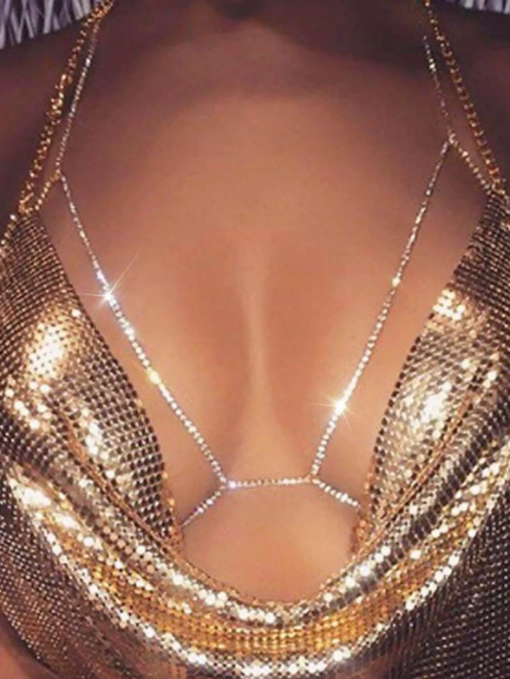 IYOU Błyszczący kryształowy łańcuszek na ciało, srebrny, kryształ górski, błyszczący biustonosz, łańcuszek, sexy bikini, klub nocny, łańcuszek na ciało, akcesoria dla kobiet i dziewcząt