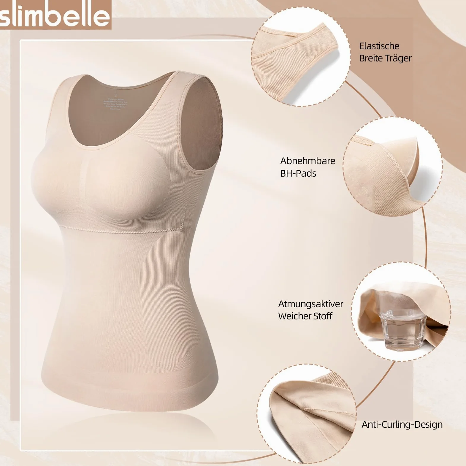 SLIMBELLE Damski podkoszulek biustonosz, koszula, bezszwowy tank top ze zdejmowanymi miseczkami, wyszczuplający brzuch, bez fiszbin, koszulka, modelująca figurę, modelująca sylwetkę, modelująca