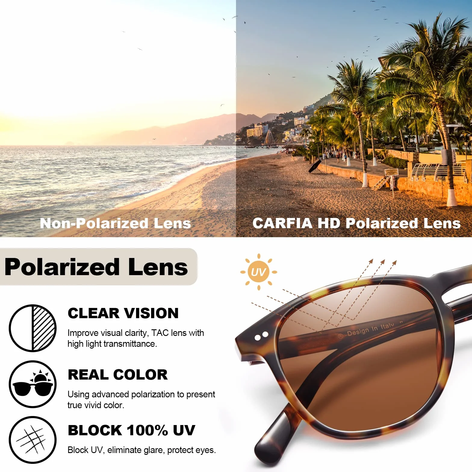 CARFIA Polaryzacyjne okulary przeciwsłoneczne w stylu vintage dla kobiet z małą twarzą, ochrona przed promieniowaniem UV, styl dziurki od klucza do jazdy na świeżym powietrzu, A/Żółw Ramka Brązowa