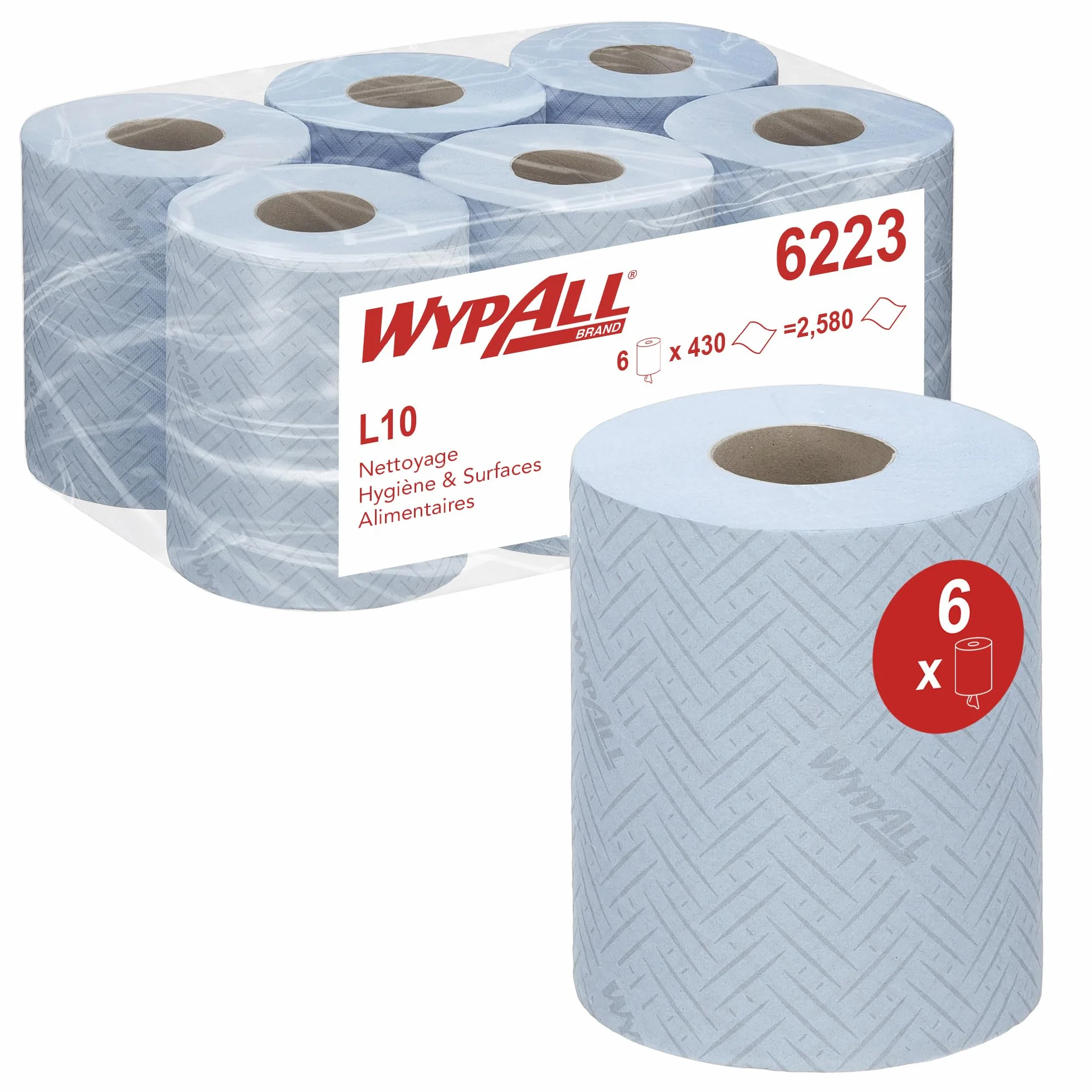 WypAll L10 Papier do wycierania żywności i higieny 6223-1-warstwowa niebieska rolka centralnego podawania - 6 rolek środkowego podawania x 430 chusteczek papierowych (łącznie 2580)
