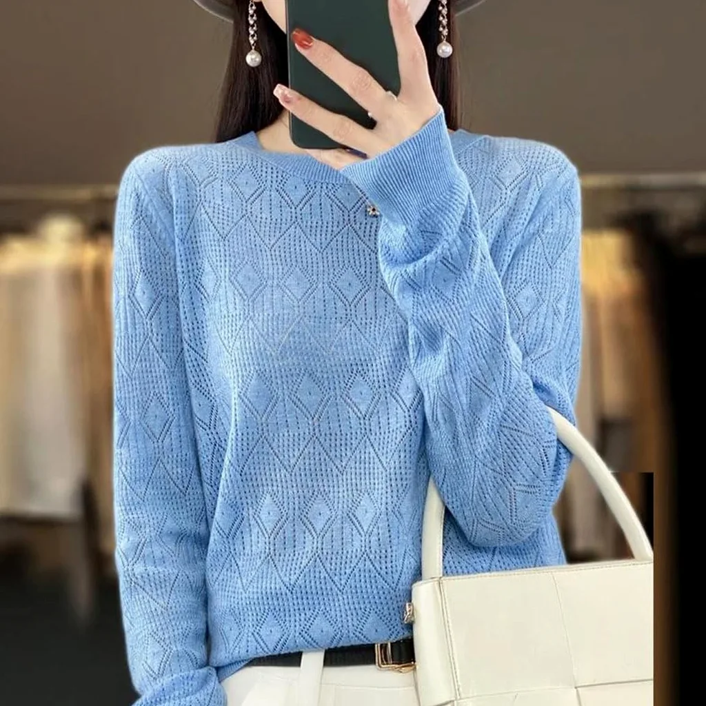 Sweter Damski Z Mieszanki Wełny, Z Okrągłym Dekoltem, Z Geometrycznym Wzorem, Miękki, Swobodny, Luźny, Z Długim Rękawem, Wiosenny-En8-Medium