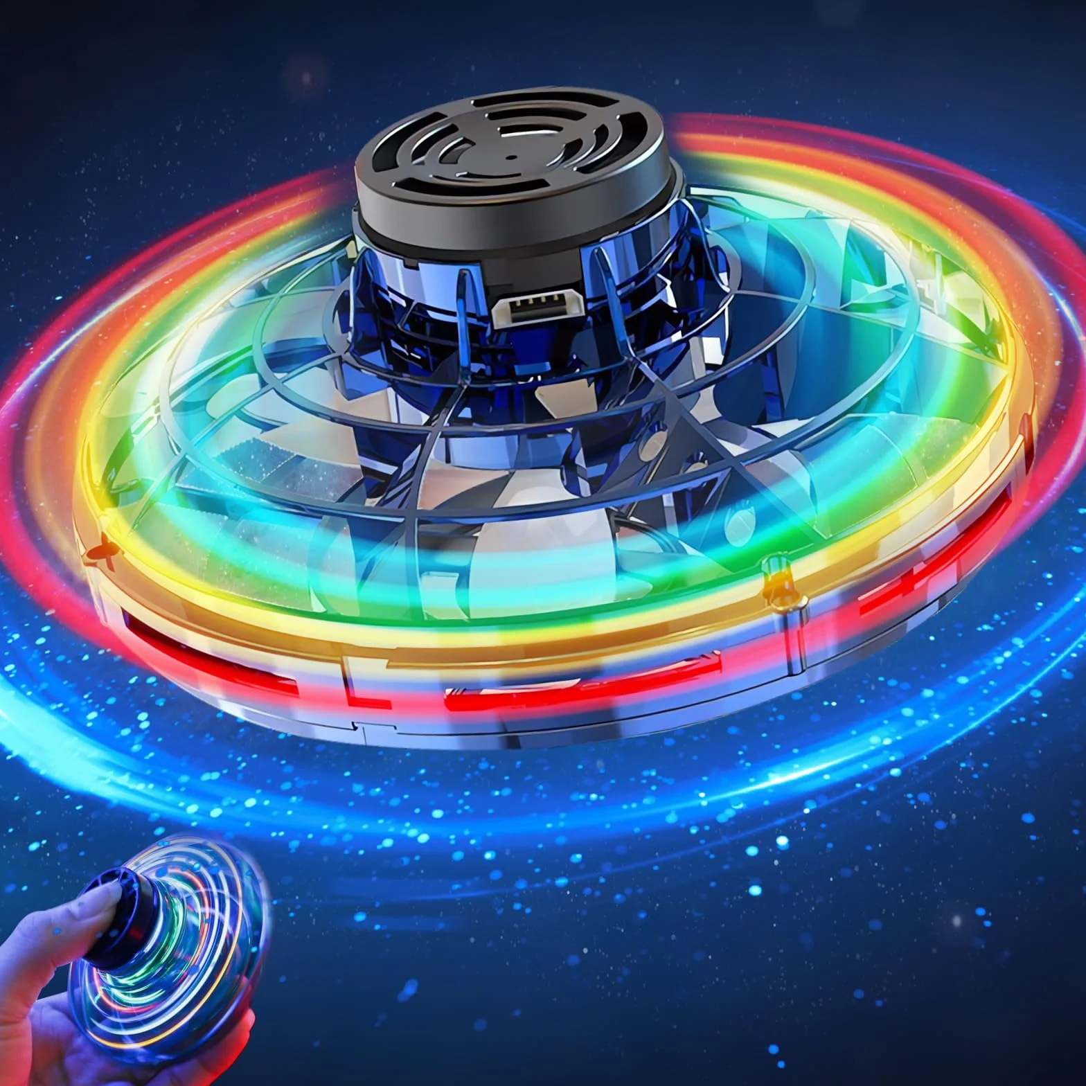 Mini latający dron Spinner, zabawka Fidget Spiner, latająca piłka z diodami LED, latający dron UFO Spin na świąteczny prezent urodzinowy dla chłopców i dziewcząt (niebieski)