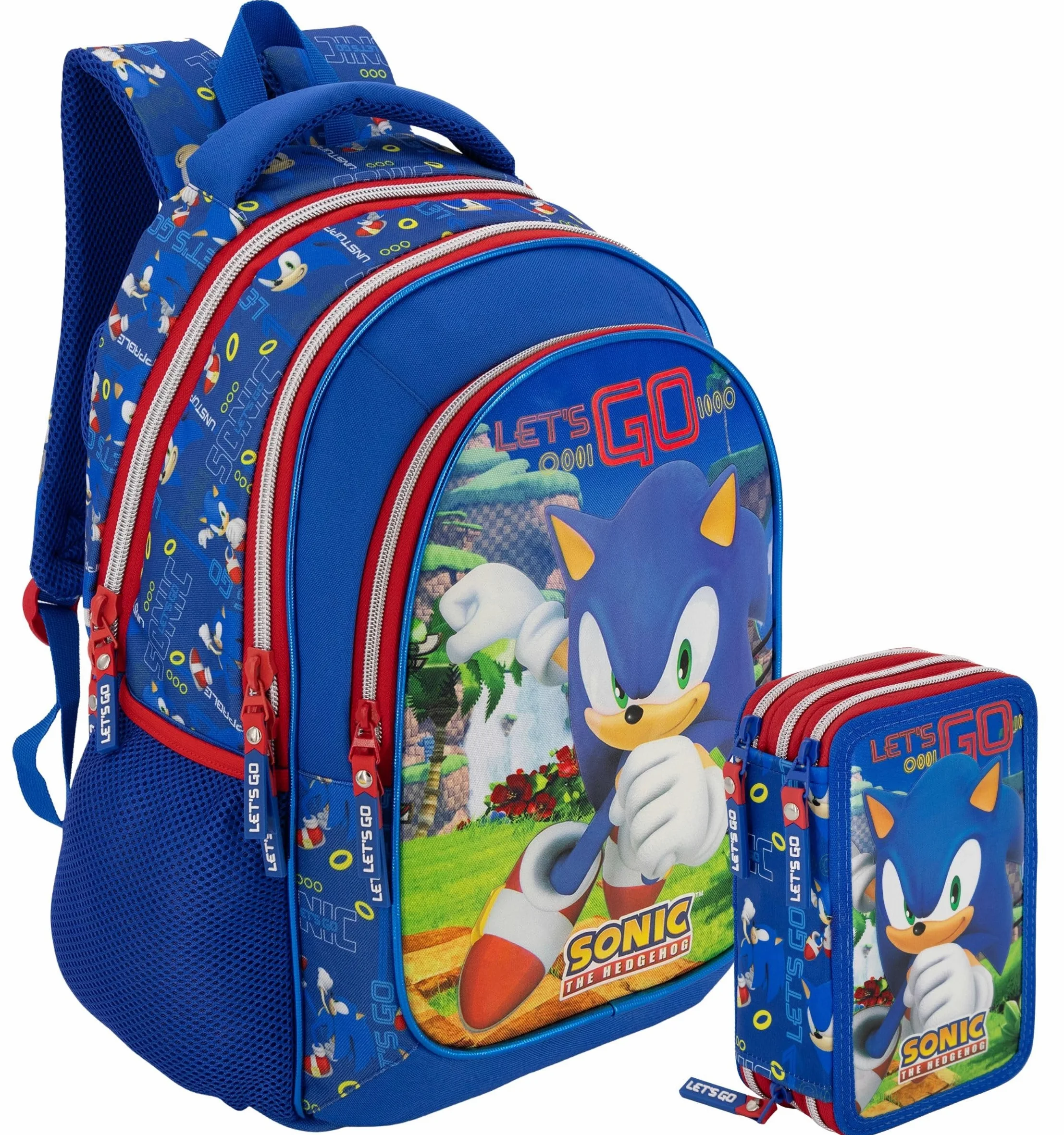 Clondo Zestaw szkolny dla dzieci plecak szkolny podstawowej 43 cm ergonomiczny + piórnik 3 kompletne przegródki (46 akcesoriów) | Postacie z pakietu szkolnego, Sonic 26, Grande, Plecak z pokrowcem
