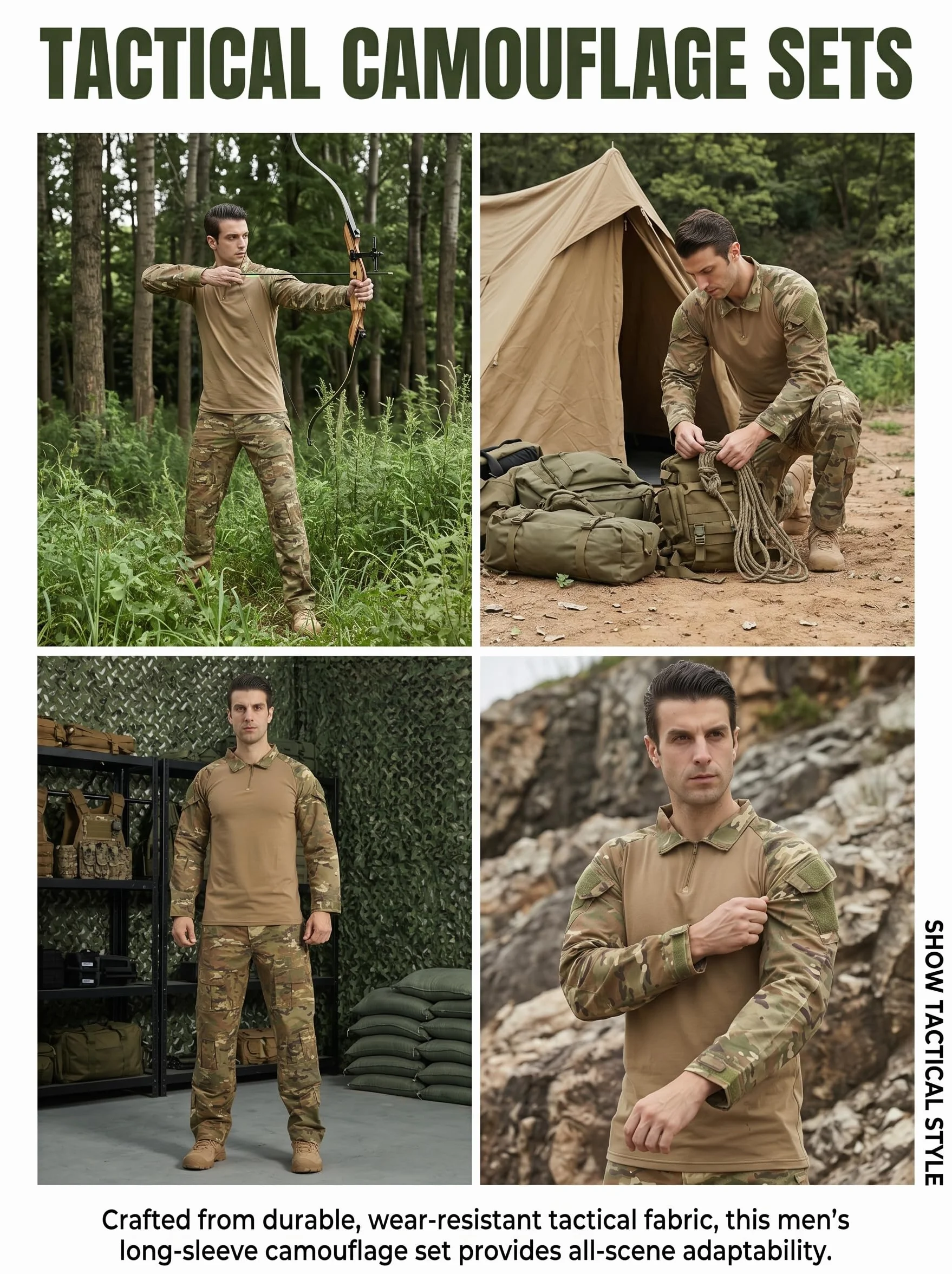 Airsoft kombinezon maskujący, męski, paintball, koszulka taktyczna, długie rękawy, z zamkiem błyskawicznym 1/4, wojskowy, kamuflaż, odzież myśliwska, BDU..