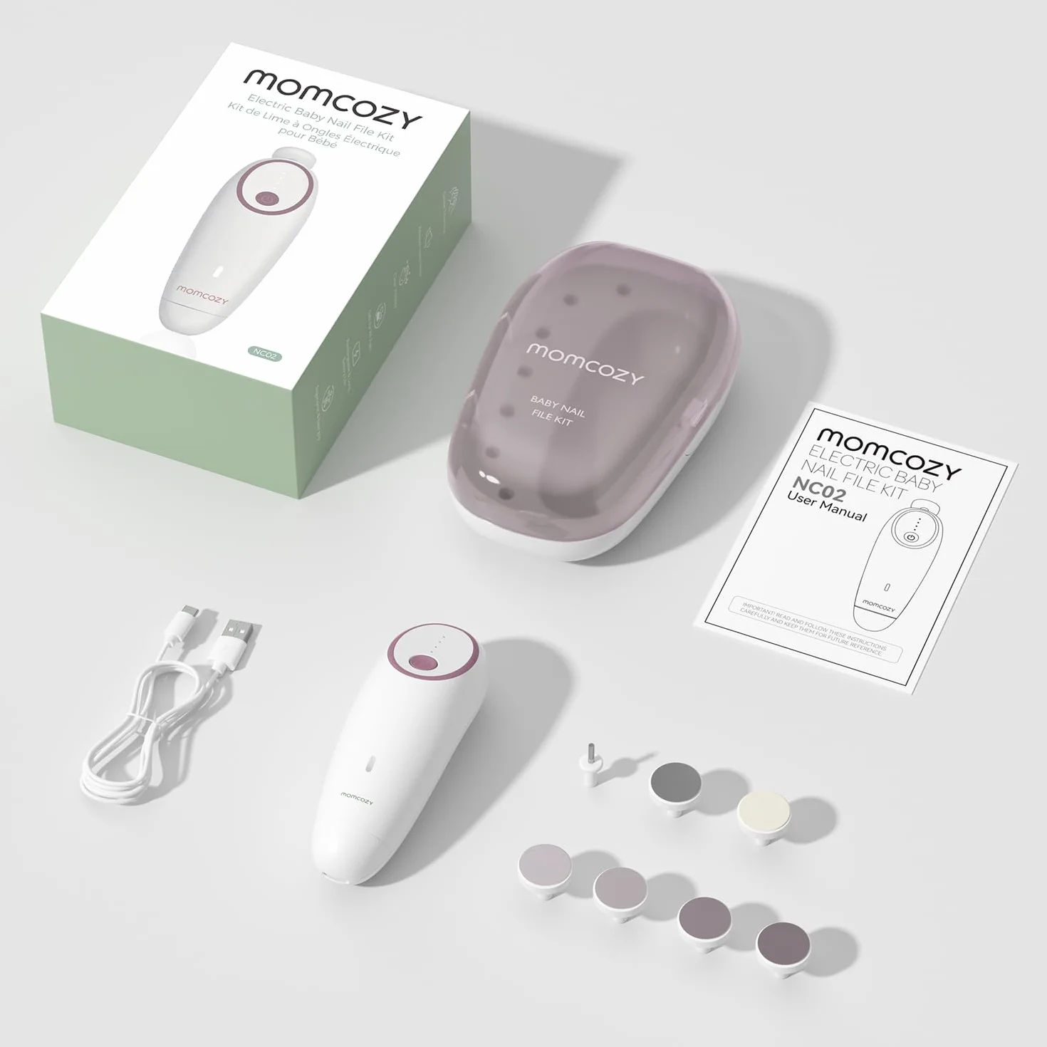 Momcozy Elektryczny pilnik do paznokci dla niemowląt, ładowalny, delikatny trymer do paznokci dla niemowląt, elektryczny z lampką nocną, 7 wymiennych podkładek do głowicy szlifierskiej, różowy