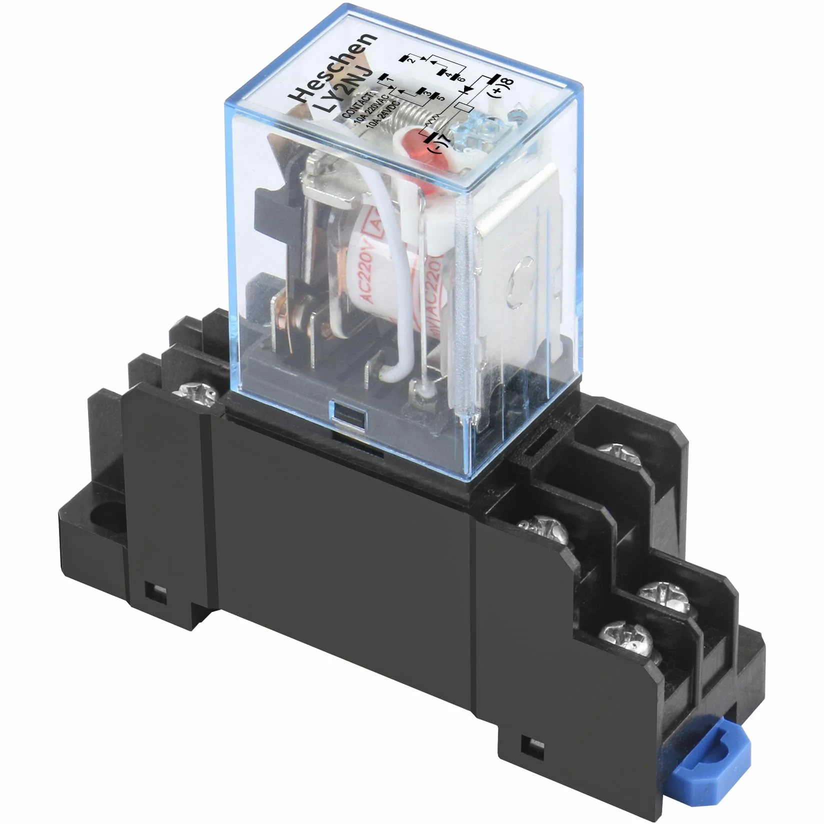 Heschen Przekaźnik uniwersalny LY2NJ, cewka 220 VAC, 10 A 24 VDC/220 VAC, DPDT, wyświetlacz LED, z podstawą cokołu