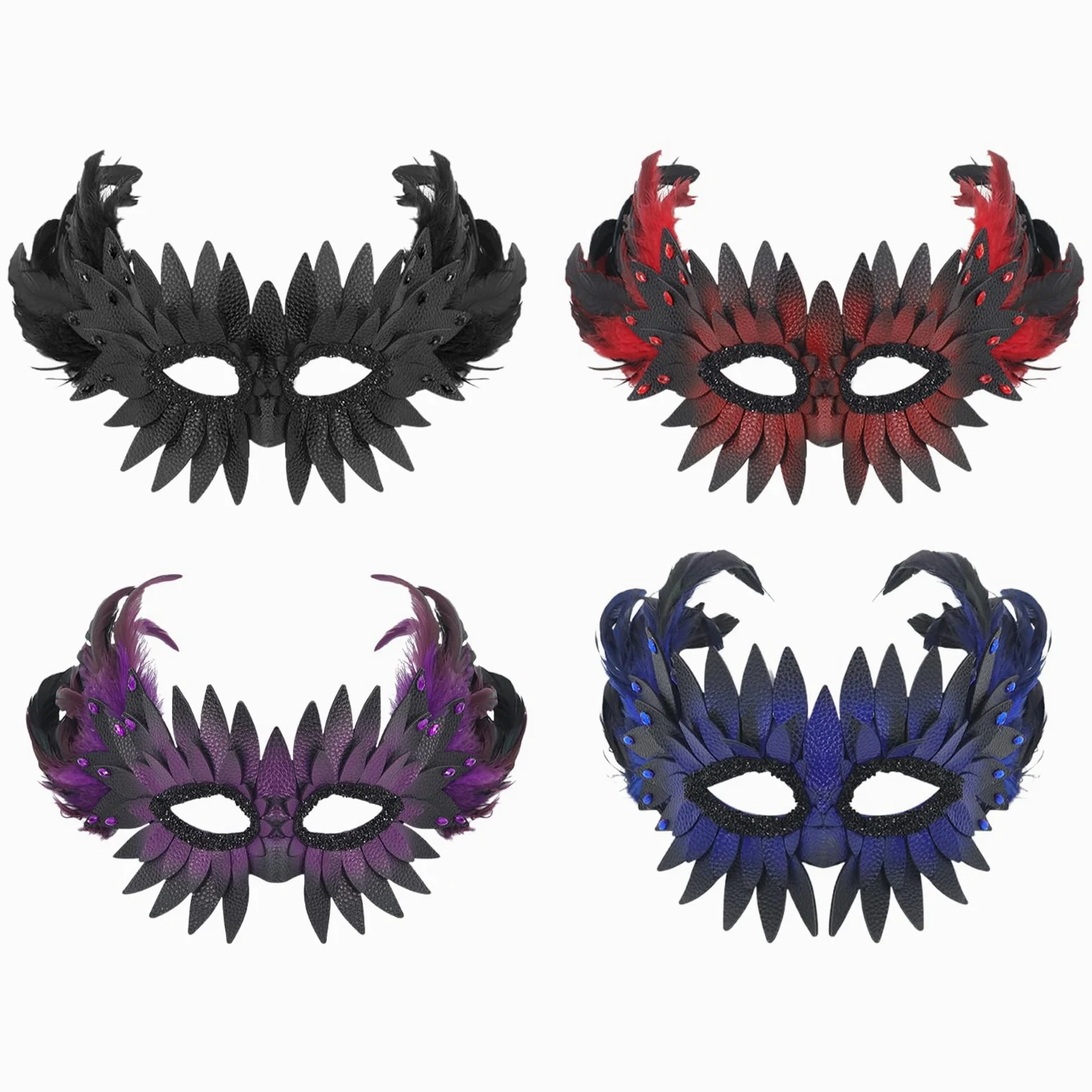 JewelryWe Maska wenecka dla mężczyzn i kobiet, gotycka, skóra PU, sowy, półmaska z piórami/strasem, maska maskowa, maska zwierzęca, maska ptaka, kostium na imprezę tematyczną, karnawał, Halloween