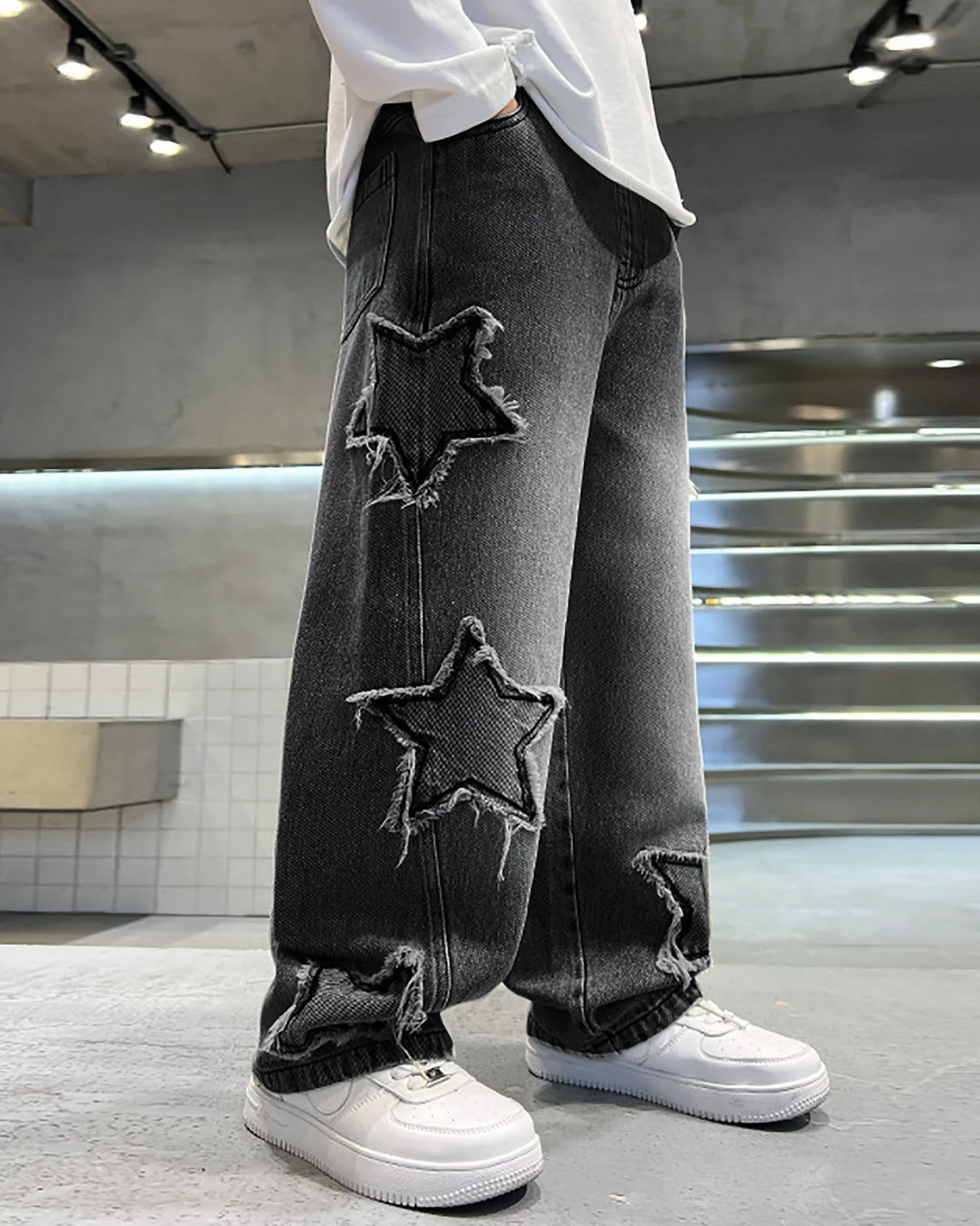 Chłopięce dżinsy z szerokimi nogawkami, luźny krój, styl vintage, swobodne, szerokie nogawki, spodnie dżinsowe, Streetwear