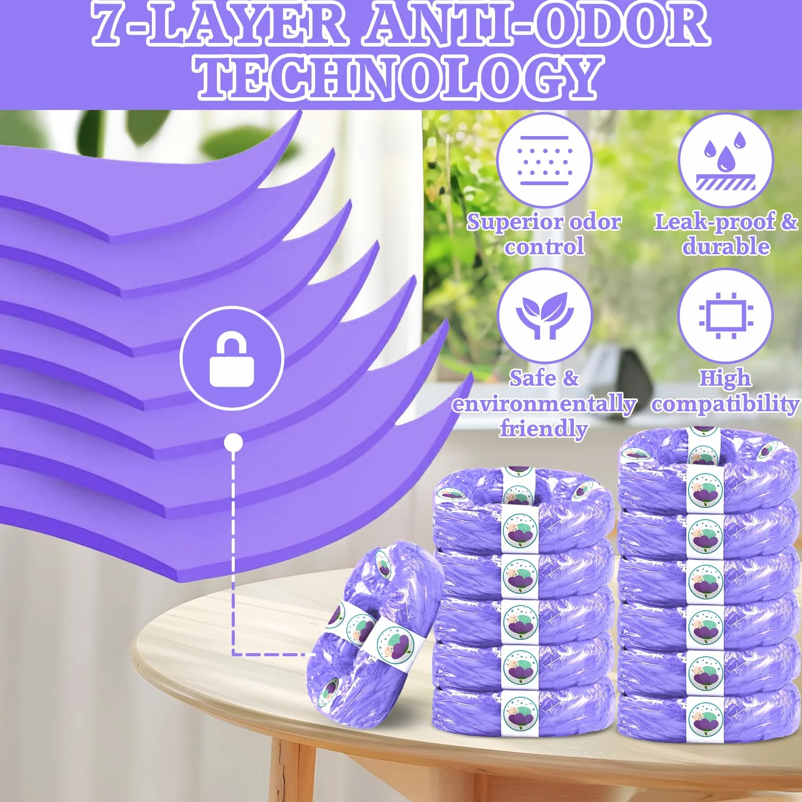 Zestaw 15 wkładów do kosza na pieluchy 4,5 m – Kompatybilne z Tommee Tippee Twist & Click, Sangenic Tec, Simplee – Szczelne, Materiał EVOH, Ekologiczne & Fioletowa folia zapachowa