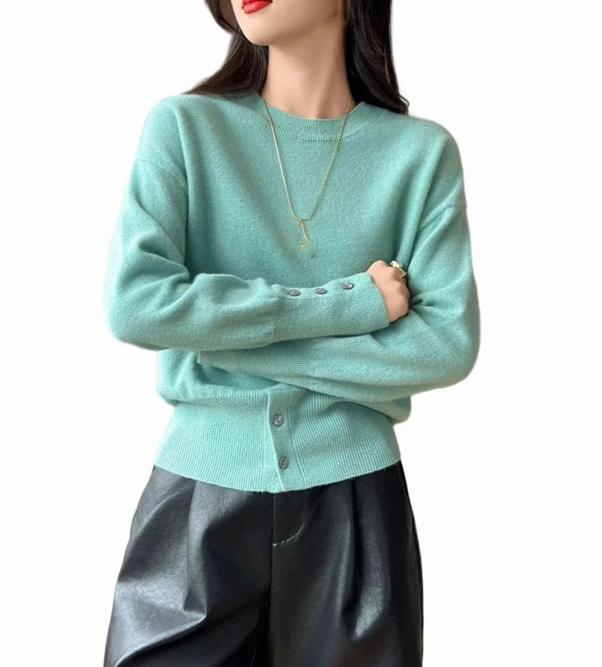 Sweter Damski Wełniany Z Okrągłym Dekoltem, Ciepły, Długi Rękaw, Duży Rozmiar, Swobodny, Jesienno-Zimowy-49-Medium