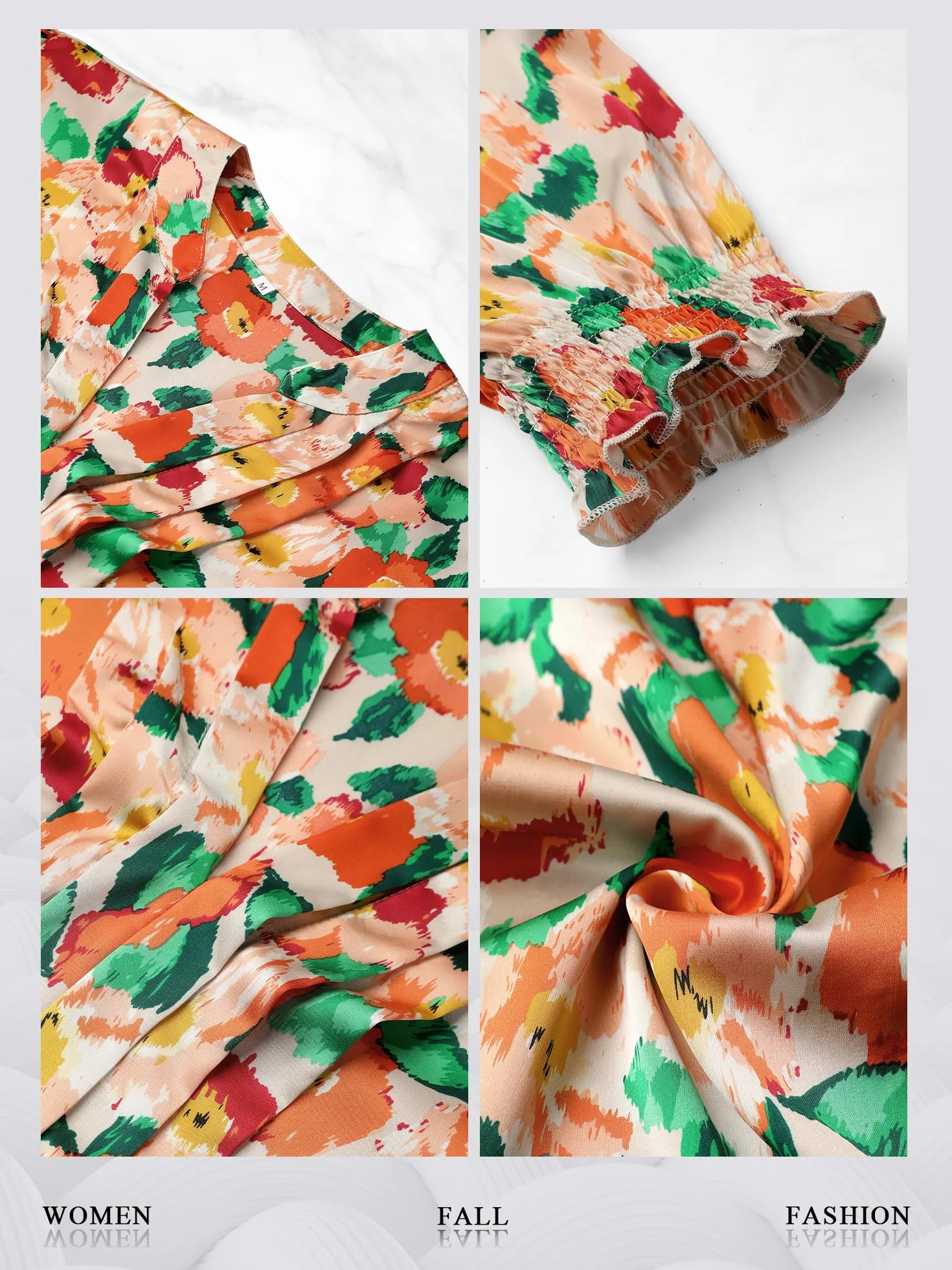 WIEIYM Damska bluzka, koszulka, plisowane/bufiaste rękawy, tunika, t-shirty, kwiaty, dekolt w serek, swobodna górna część na lato, styl boho, luźna, długa koszulka, tunika