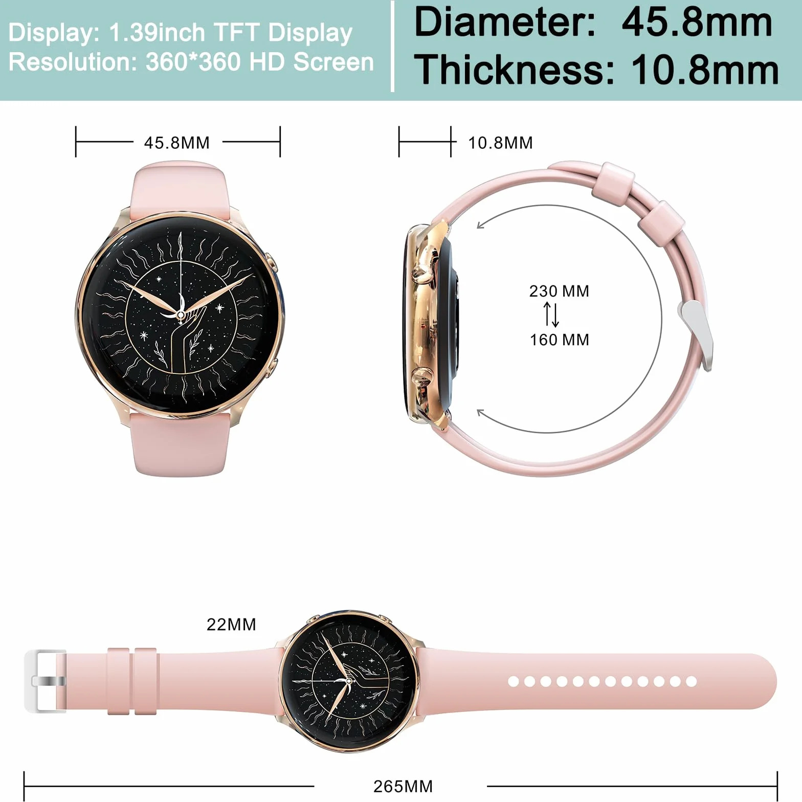 Zegarek damski Smartwatch, 1,39" fitness z połączeniami i WhatsApp, 120 sportowy, asystent głosowy, powiadomienia o wiadomościach, krokomierz, okrągły monitor zdrowia dla systemu Android iOS (różowy)