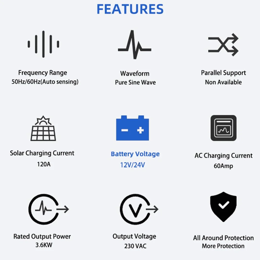Anern Solarny Hybrydowy Falownik 2kw 4kw DC 12v/24v Do AC 220v/230v, PodwóJne NapięCie, Off-Grid Falownik Sinusoidalny Z łAdowarką SłOneczną 100 A Mppt,PV55V-500VDC, Komunikacja Bms Z Baterią