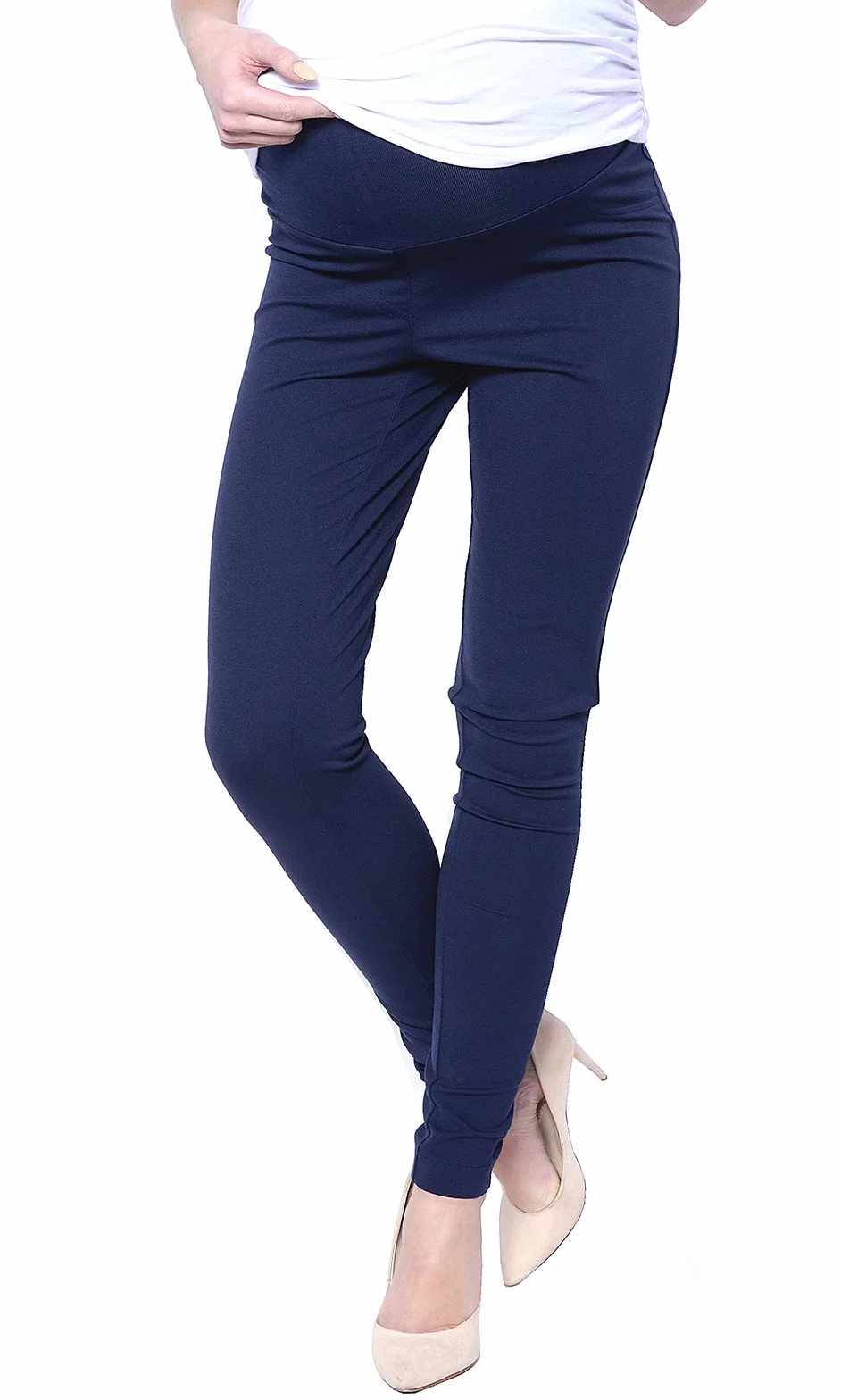 Mija - eleganckie damskie spodnie ciążowe Slim z paskiem na brzuch 1046, niebieski morski, M