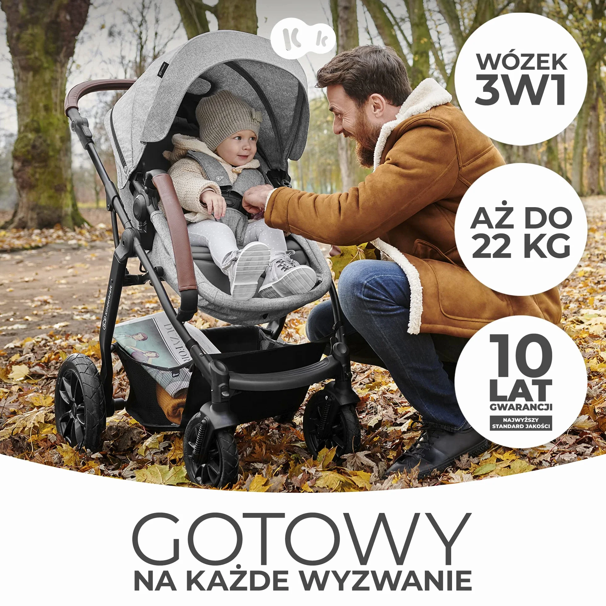 kk KinderkraftWielofunkcyjny Wózek Dziecięcy MOOV 3w1, Spacerówka, Travel system, Fotelik samochodowy i akcesoria w zestawie, Regulacja Oparcia, Amortyzowane koła i stelaż, do 22 kg, Szary