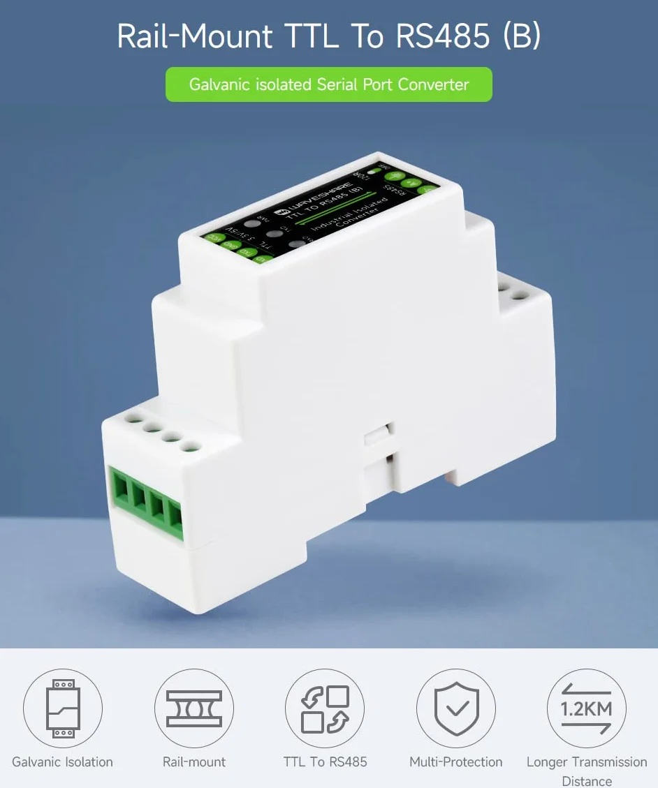 Waveshare Rail-mount TTL To RS485 Galvanic Isolated Converter 600W Lightningproof & Anti-Surge Multi-Isolation Protectio Longer Transmission Distance