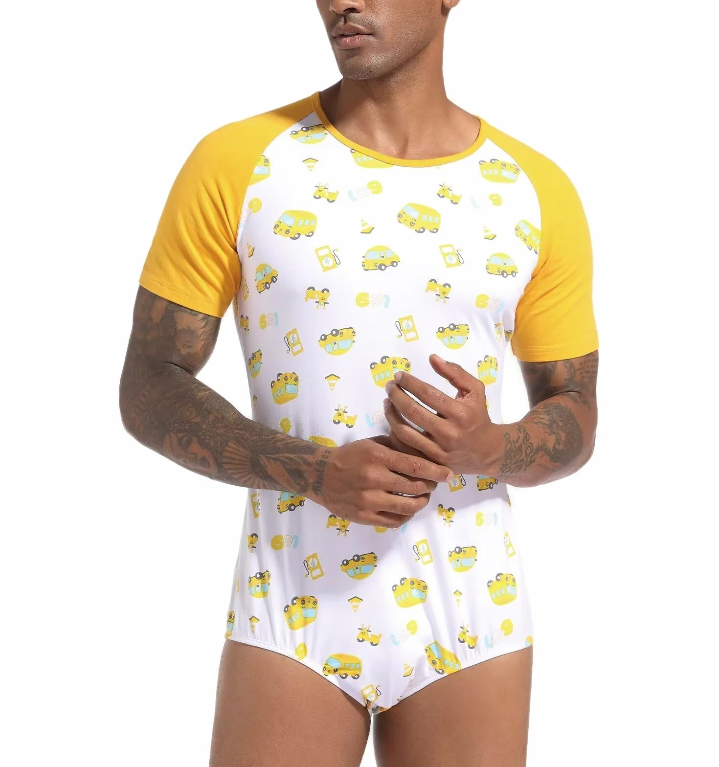 Landofgenie Męskie Bodysuit Piżama Dolne Krocze Top Koszula Raglan Rękawy Onesie Rompers dla Mężczyzn Drukowanie samochodów kreskówek