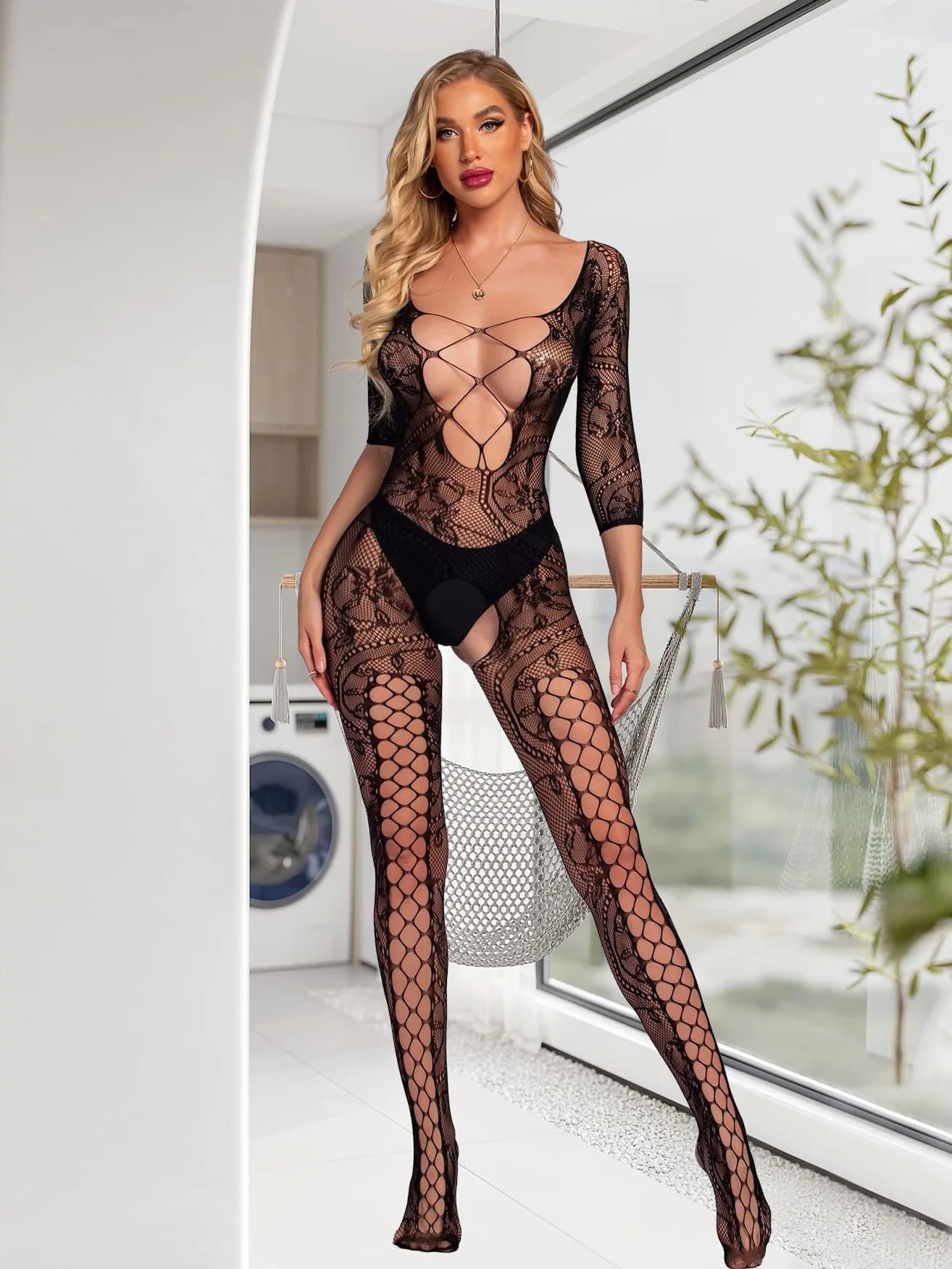 V-Ting Seksowna bielizna dla kobiet, bodystocking, wzór krzyżowy, siatka, bielizna erotyczna, rajstopy z siateczki, wydrążony kombinezon dla kobiet, bielizna nocna, zestawy outfitu do seksu, Czarny