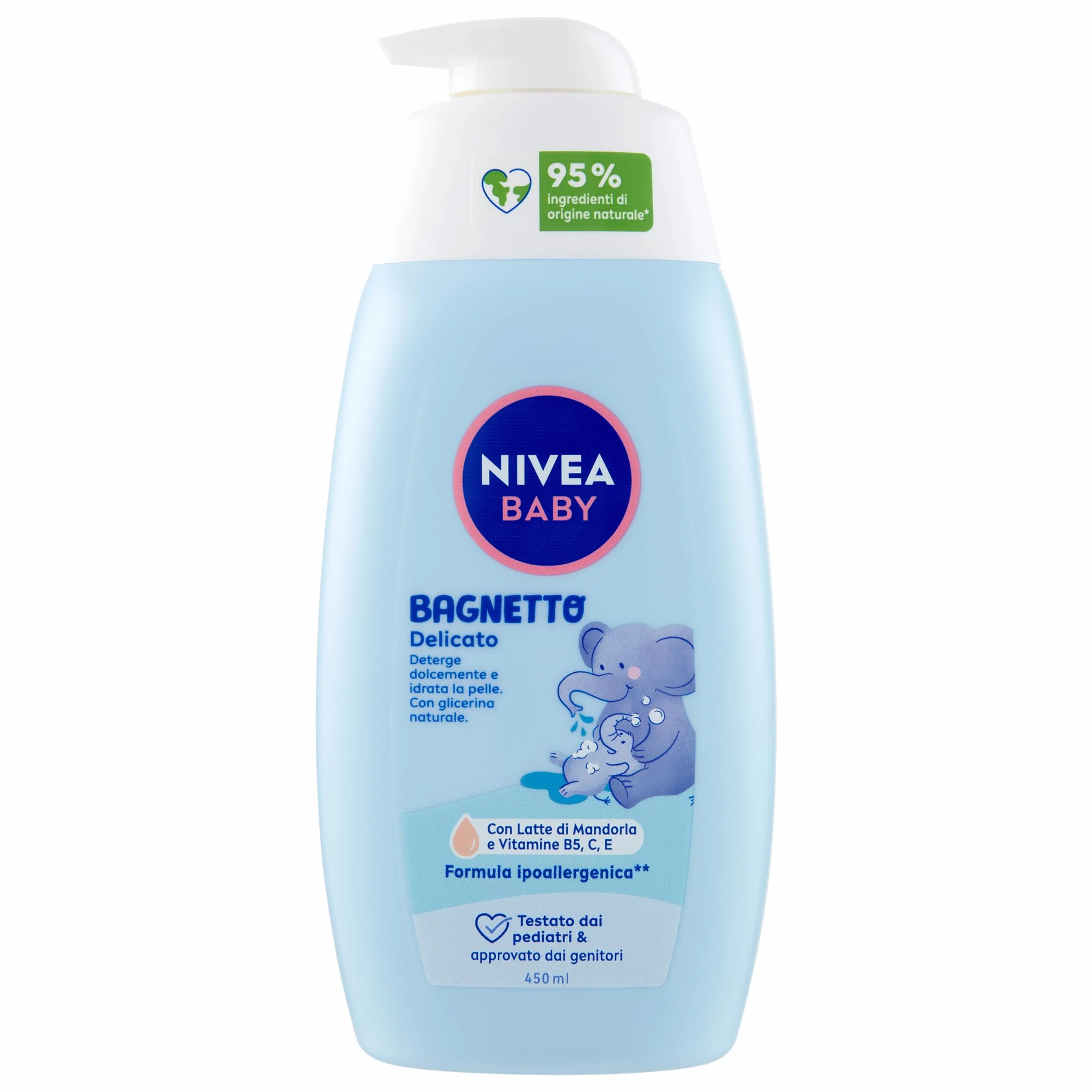 NIVEA BABY delikatna kąpiel 450 ml, żel pod prysznic dla dzieci do delikatnego i nawilżającego oczyszczania, żel pod prysznic dla niemowląt z naturalną gliceryną, mlekiem migdałowym i witaminami B5, C
