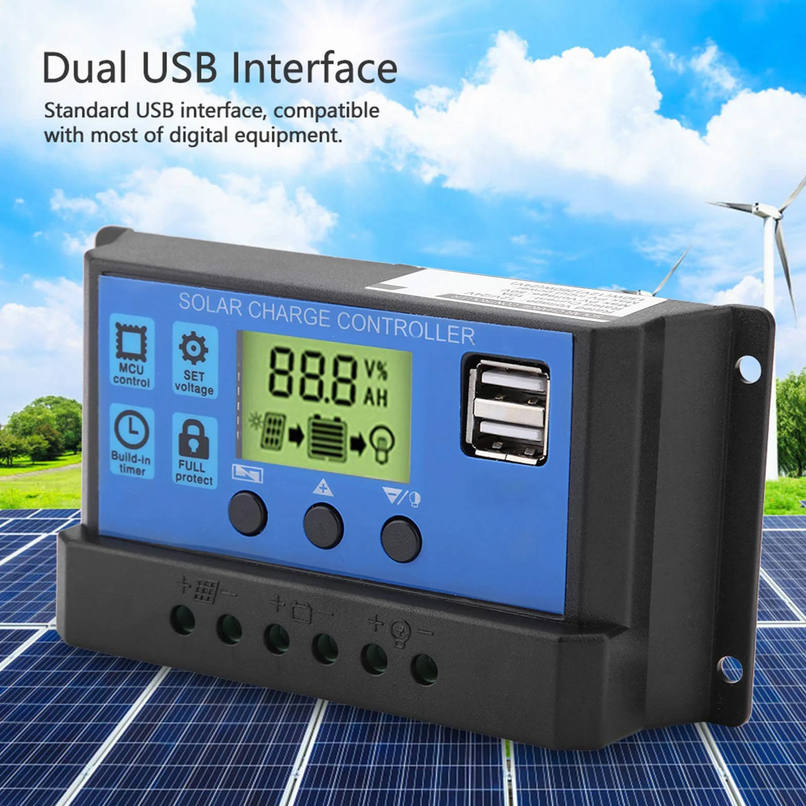 Kontroler ładowania solarnego, PWM 12 V 24 V podwójny USB kontroler ładowania panelu słonecznego inteligentny regulowany regulator wyświetlacz LCD 10/20/30 A (YJSS-20A)