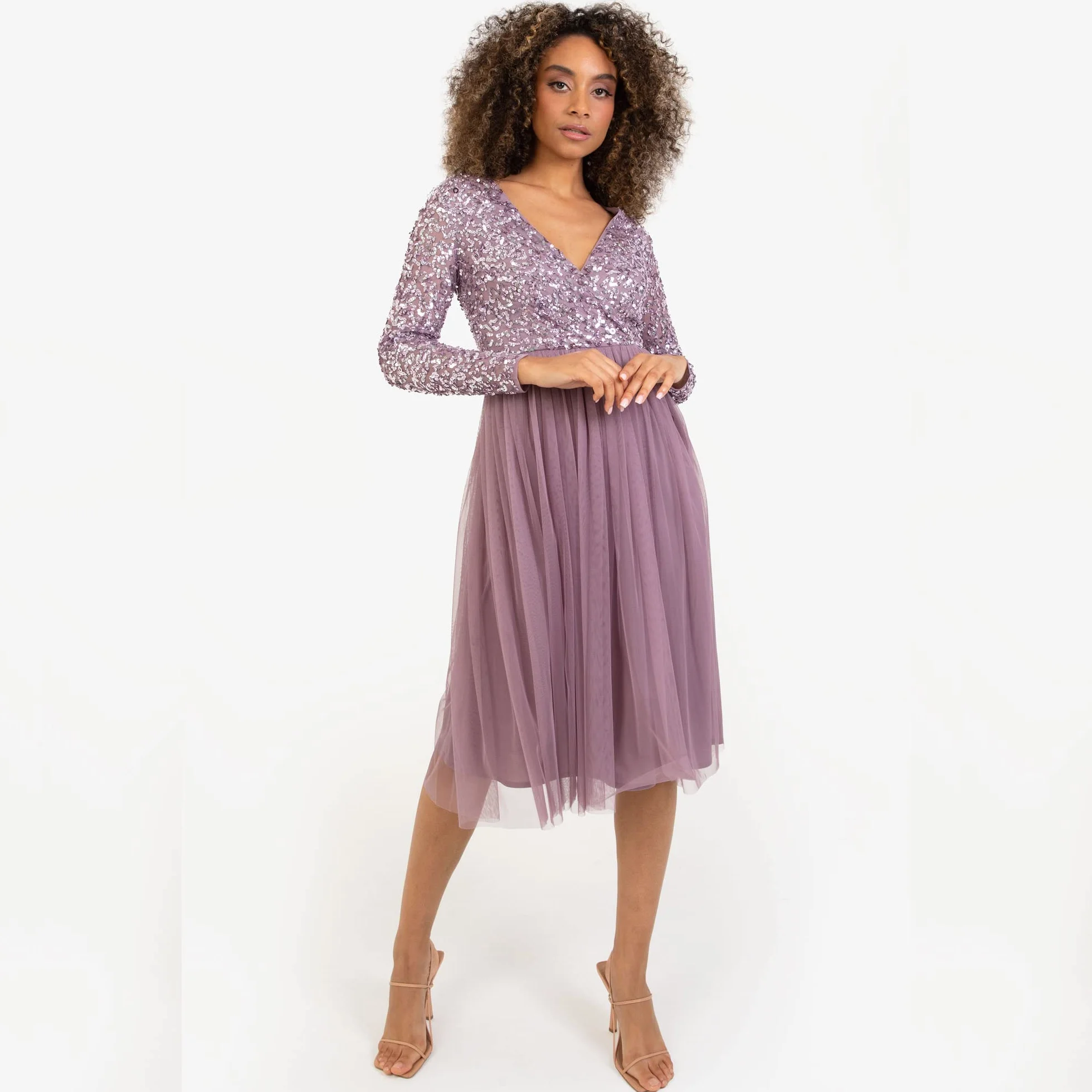Maya Deluxe Sukienka druhny Kobiety Midi Dress Long Sleeve Plunging Neckline V Neck Sequin Embellished Graduation