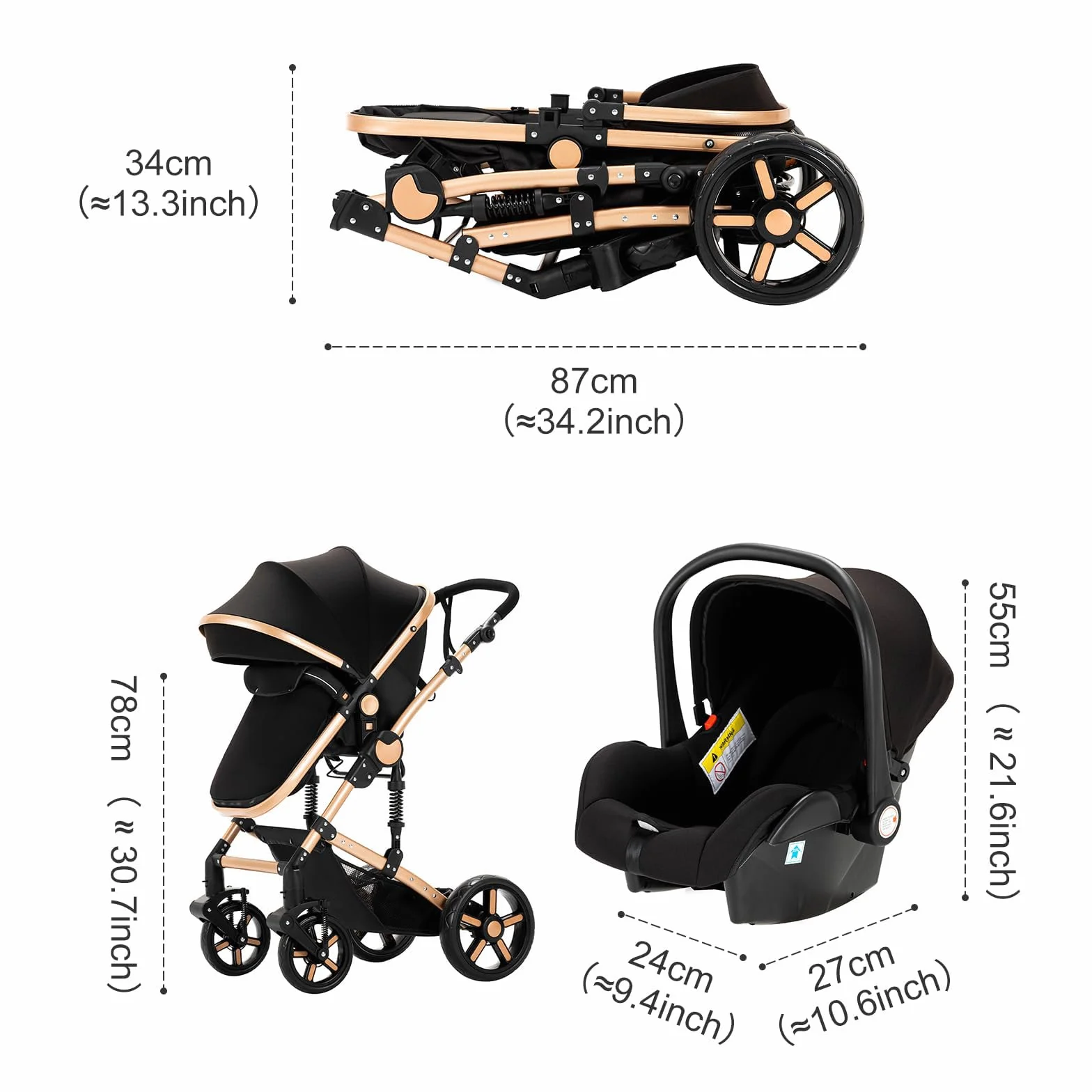 wózek Reborn dziecięcy 3 w 1, kompletny zestaw z ramą ze stopu aluminium i dwoma odwracalnymi trybami przesuwania