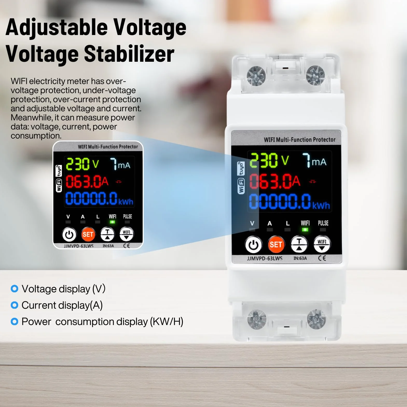 Jadeshay Stabilizator napięcia 220 V, 63 A 230 V, ochrona przeciwprzepięciowa WiFi na szynie DIN z kolorowym ekranem(WiFi)