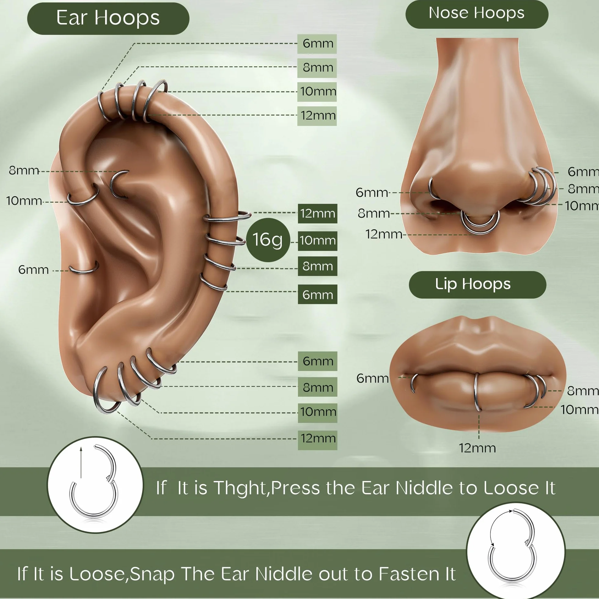 MILACOLATO 8 szt. 16G stal chirurgiczna na zawiasach zatrzaskowe segmentowe pierścienie do nosa obręcz helix chrząstka stokrotka Ohr tragus Sleeper kolczyki piercing do ciała 6-12 mm