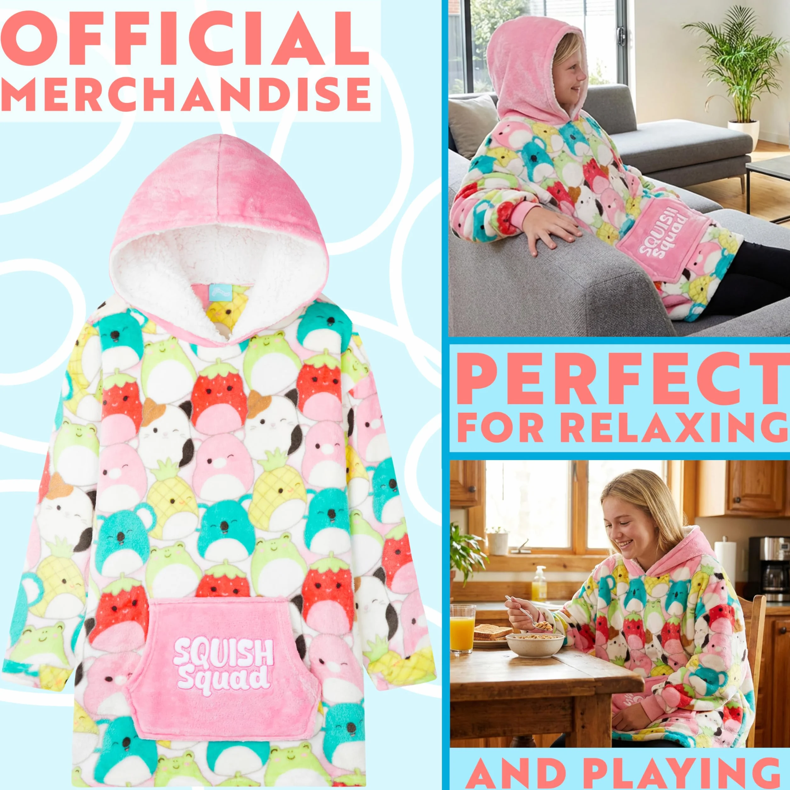 Squishmallows Bluza z kapturem dla dziewczynek w wieku 6-14 lat, śliczny polarowy koc bluza oversize, prezenty dla niej