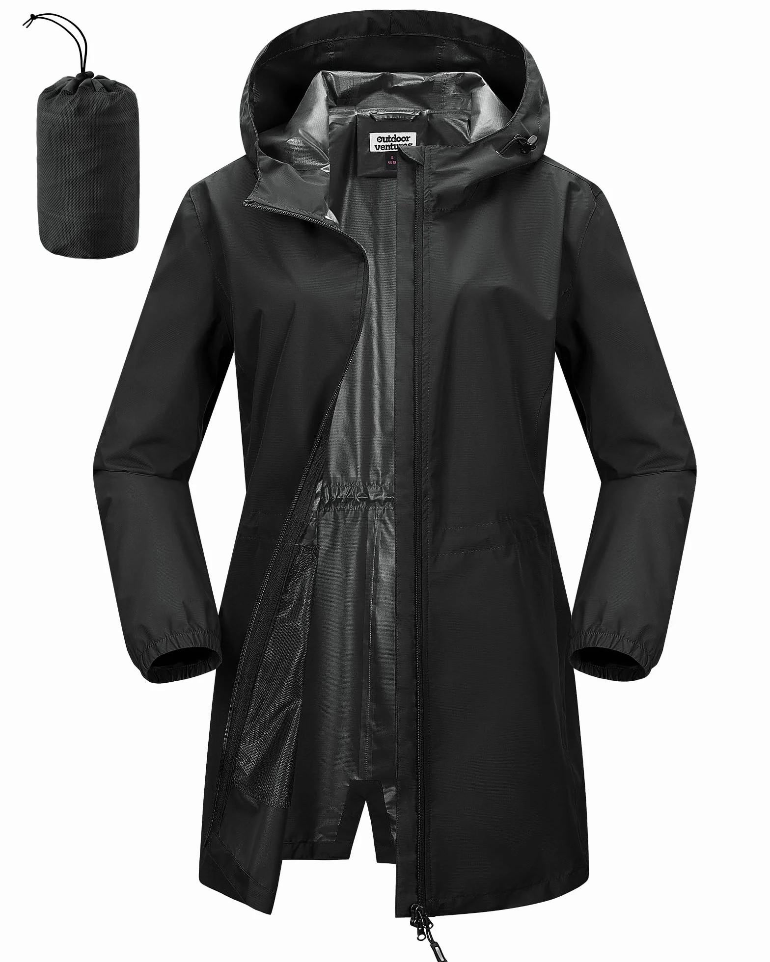 Outdoor Ventures Damska wodoodporna kurtka przeciwdeszczowa, długa, wiatrówka, kurtka przejściowa, lekka, oddychająca, kurtka outdoorowa, Raincoat parka przeciwdeszczowa z kapturem