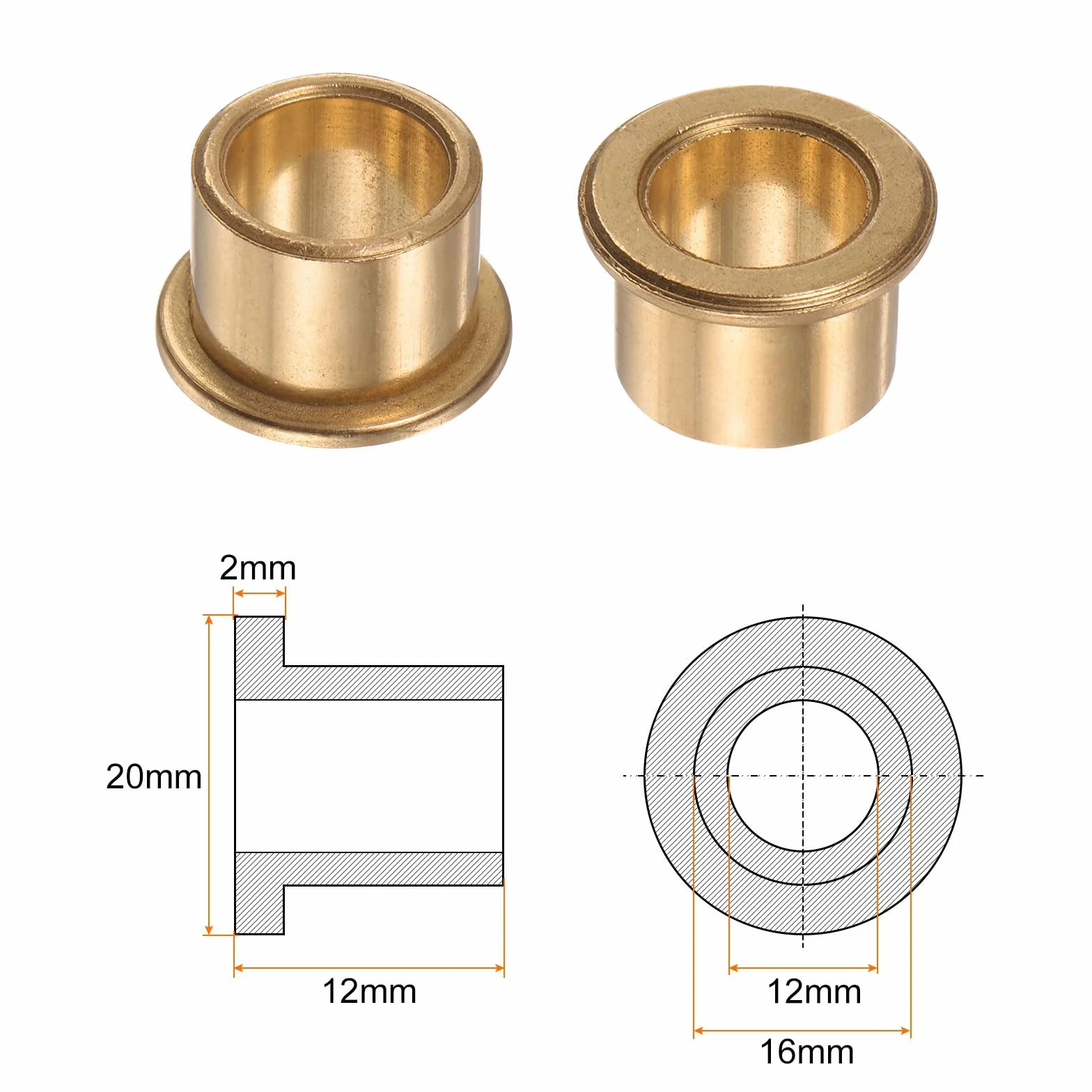 QUARKZMAN 2 szt. tuleja łożyska kołnierzowego 12 mm otwór 16 mm AD 12 mm długość 2 mm kołnierz grubość brązu tuleja samosmarujące tuleje ślizgowe tuleja do instalacji przemysłowych