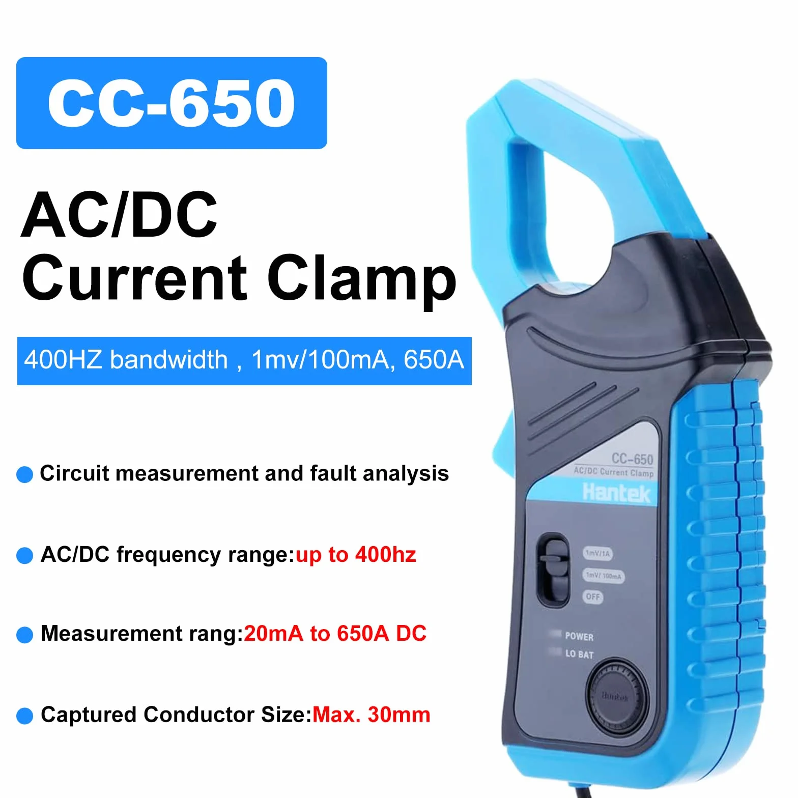 Hantek CC650 AC/DC obecny Zacisk 400 Hz Pasmo, 1mV/10mA, 650A Automatyczny Oscyloskopy i Multimetry cyfrowe, Wtyczka BNC