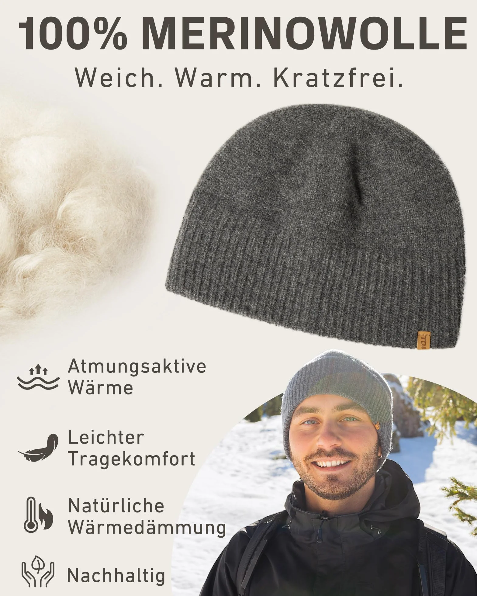 TOP-EX XL/XXL 100% wełna merynosów, czapka beanie, zimowa czapka wełniana, męska i damska, czapka z dzianiny, czapka rybaka beanie, czapka Trawler, ciepła polarowa podszewka