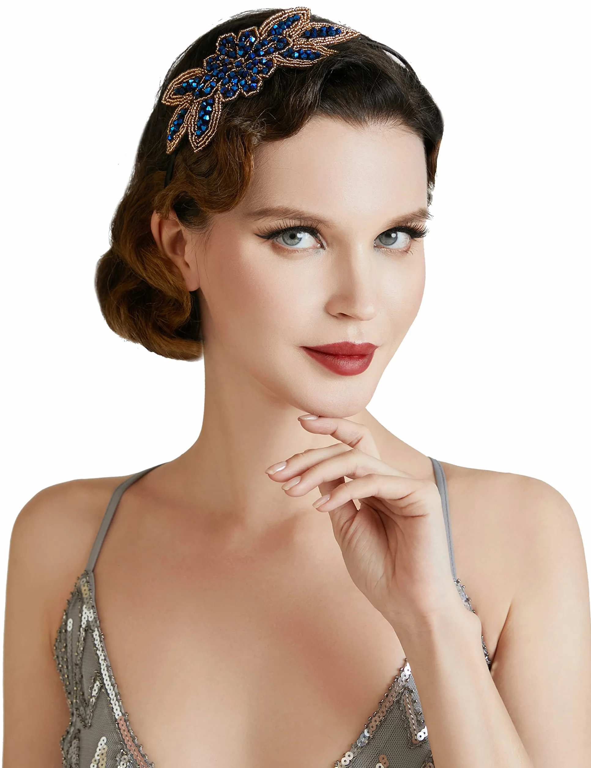 BABEYOND damska opaska na włosy w stylu lat 20., Gatsby, do kostiumu z lat 20. Flapper opaska do włosów w stylu flapper, styl 2, niebieska