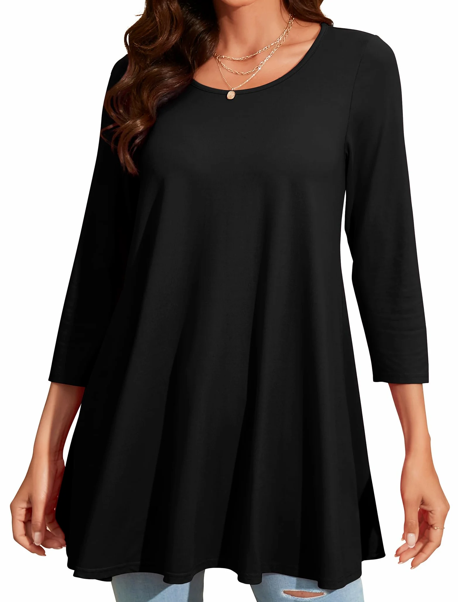 Enmain Damska tunika na co dzień topy z długim rękawem damska długa tunika bluzka koszule okrągły dekolt plus size tuniki sukienka pływająca koszulka dla kobiet, S-3XL