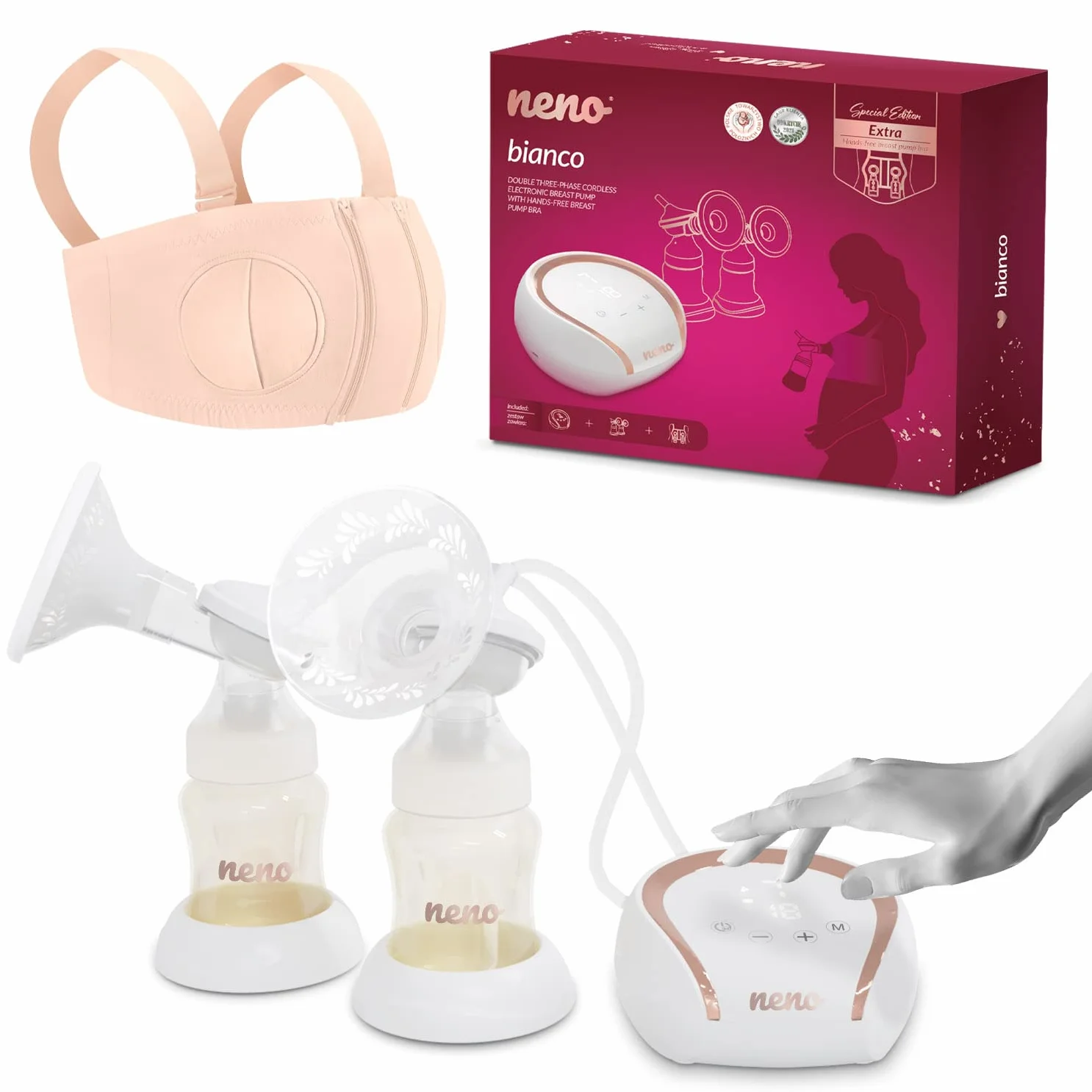 Neno® BIANCO Double elektryczny laktator z gorsetem Neno® Libero – podwójna pompa do mleka 3 tryby pracy