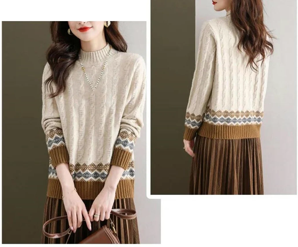 Sweter Damski Z Dzianiny, Pół-Wysoki Kołnierz, Wzór W Romby, Długi Rękaw, Swobodny, Ciepły, Luźny Top-Beige-Medium