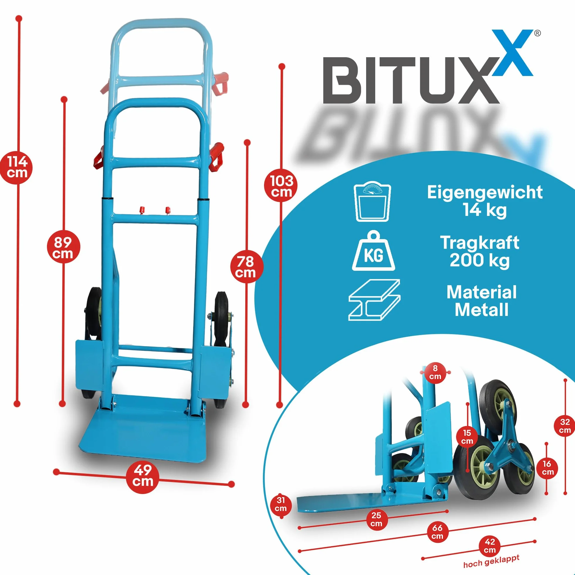 Bituxx Wózek transportowy na schody, wózek transportowy, 200 kg, składane opony twarde
