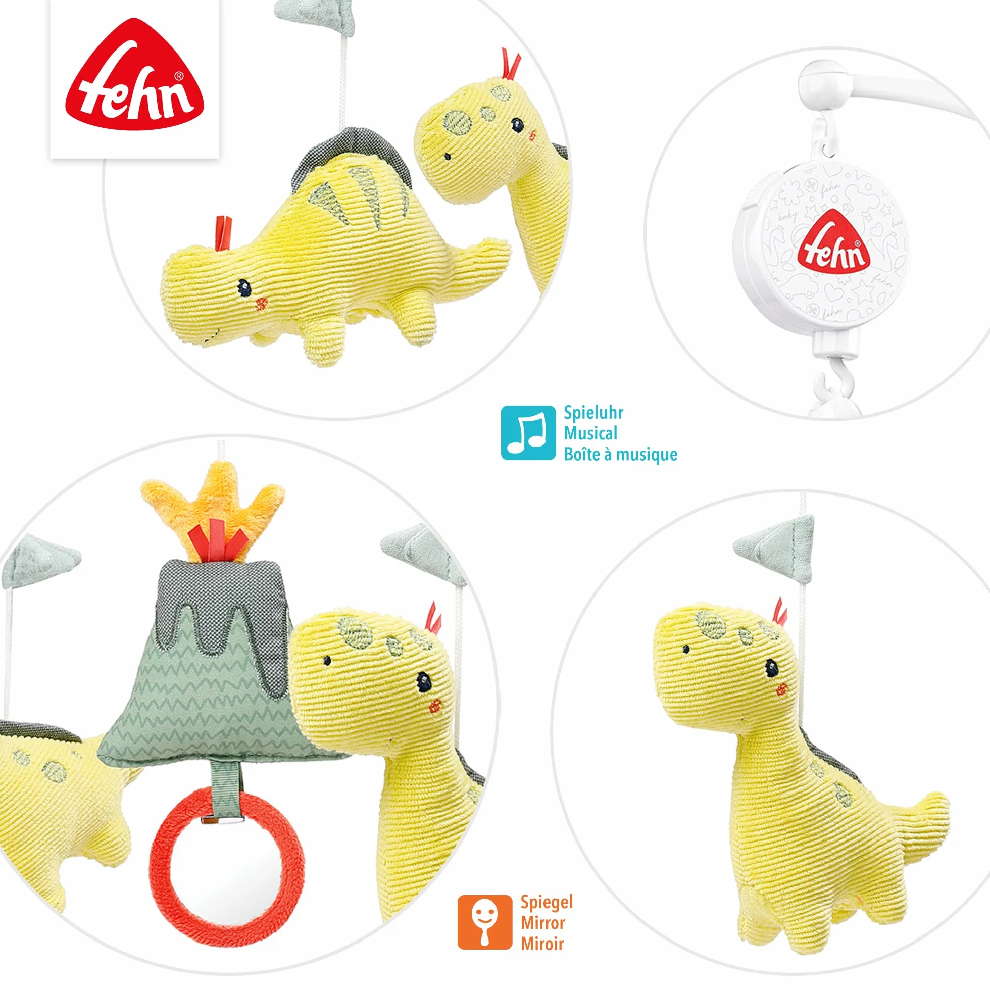 Fehn Musik-Mobile Happy Dino – Aufzieh-Mobile mit Spieluhr-Melodie „Brahms Wiegenlied“ und Figuren zur Beruhigung & Beschäftigung – Mit Bett-Befestigung für Babys von 0-5 Monaten