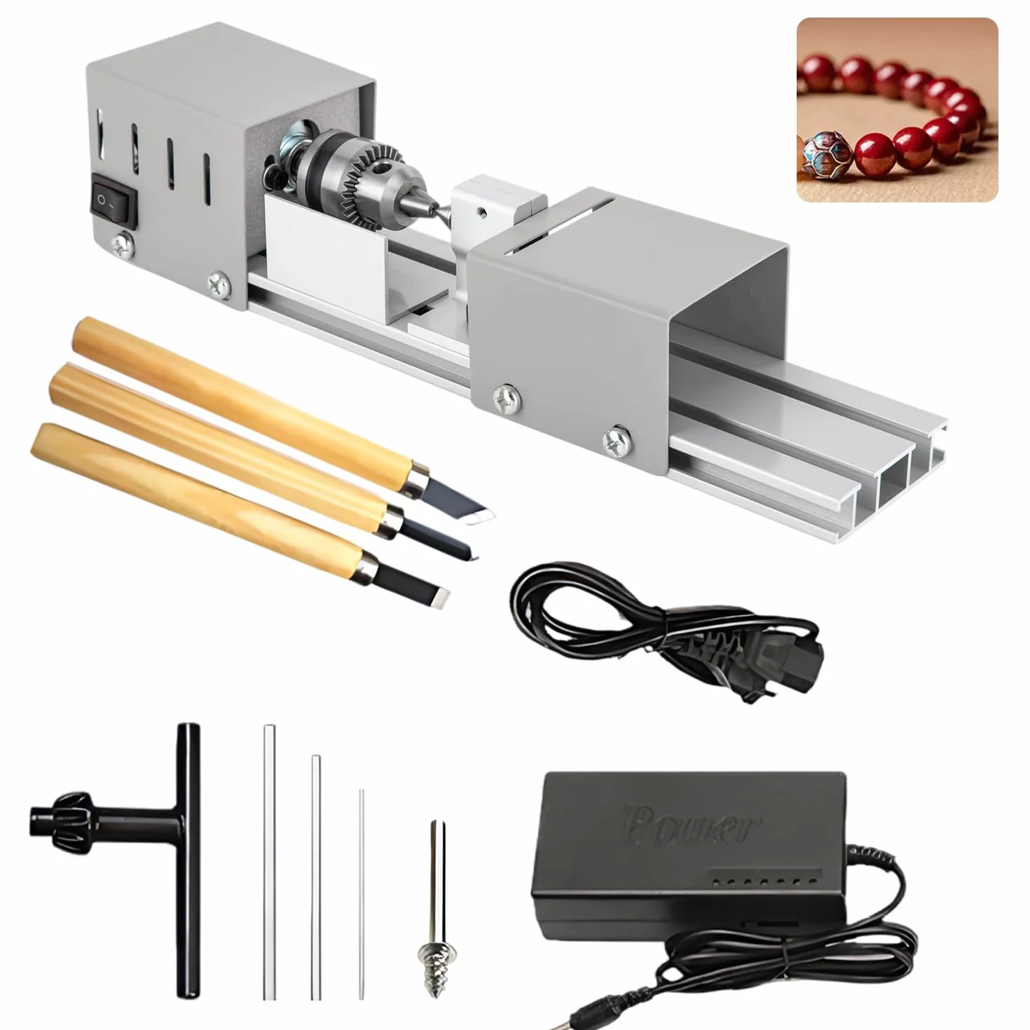 Mini tokarka 125 W, 2000 – 8000 obr./min, metalowa mała tokarka z 7-biegową regulacją, zakres zacisku od 0,02 do 0,24 cala, tokarka metalowa do obrotów, rowków, szlifowania