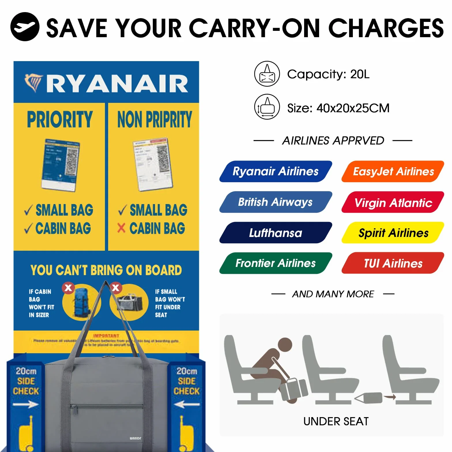 WANDF Ryanair Bagaż podręczny 40x20x25 cm Bagaż podręczny Torba podróżna Składany weekendowy bagaż podręczny dla mężczyzn i kobiet (szara 20L)