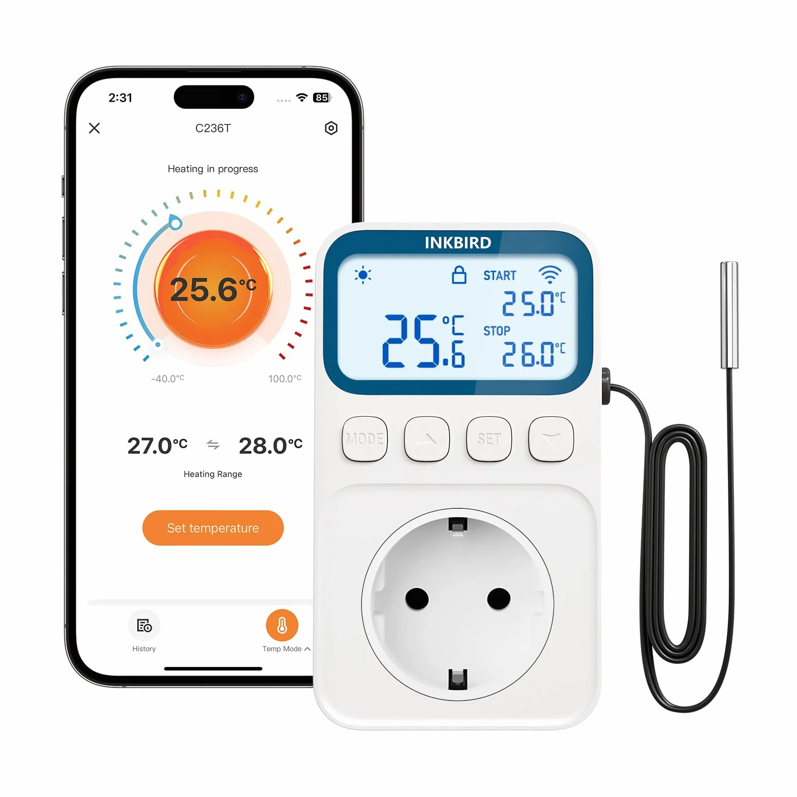 Inkbird ITC-C236T Termostat wtykowy WiFi 16A, 10 w 1 programowalny regulator temperatury ogrzewania i chłodzenia z kontrolą temperatury, kontrolą czasu i alarmem wysokiej/niskiej temperatury