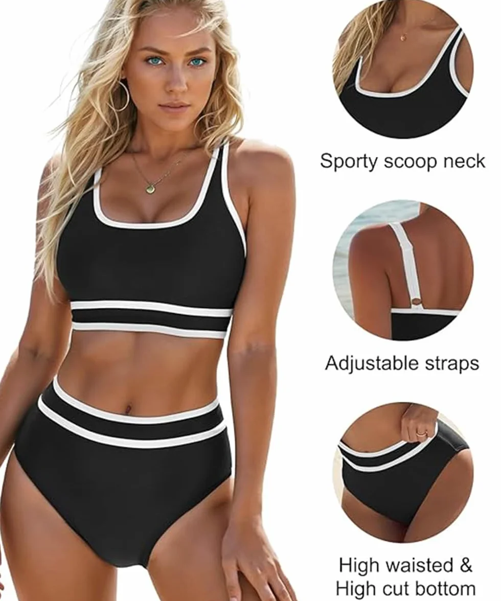 Yeenily Damski kostium kąpielowy, dwuczęściowy, sportowy zestaw bikini, seksowny, wysoki stan, trójkąt gorsetu, push up, plaża, tankini, wyszczuplający brzuch, brazylijski strój kąpielowy (czarny, XL)