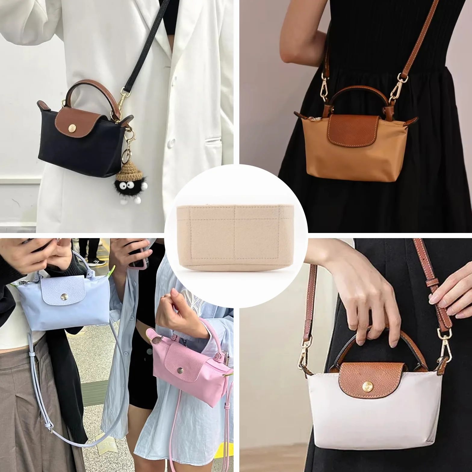 Organizer do torebki Longchamp Le Pliage Mini, z filcu, z wielofunkcyjnymi kieszeniami, duża pojemność